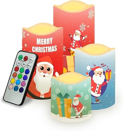 Velas sin llama de Papá Noel con control remoto para decoración de mesa del hogar, velas de pilar de Navidad a pilas, 4 paquetes