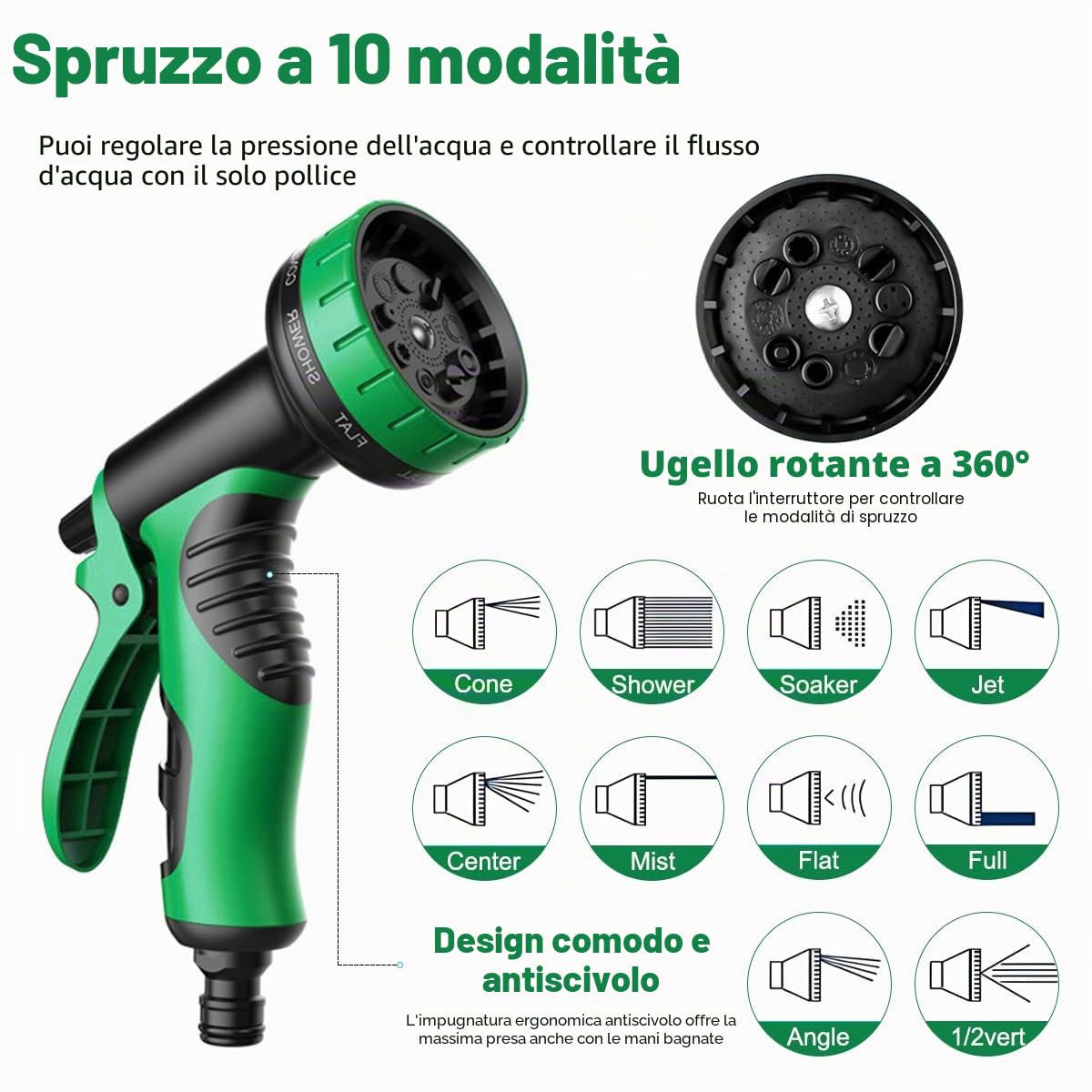 Tubo da giardino flessibile 30 m/100 FT verde, tubo flessibile 10 funzioni | 3 estensibili, con ugello spray e connettori in ottone da 3/4" e 1/2", senza pieghe, per giardino, pavimento, terrazza