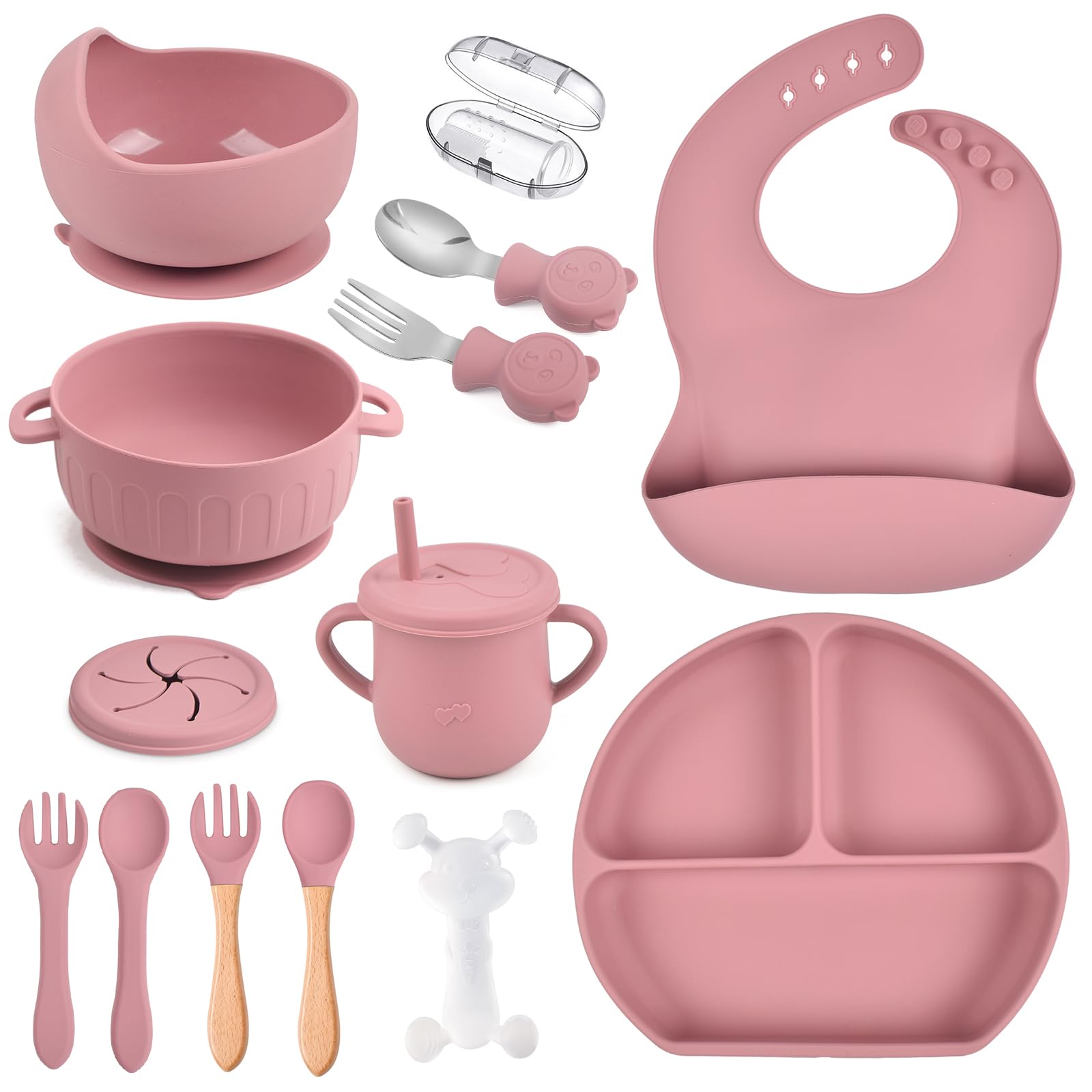 Silicone Baby Feeding Set 15 Pcs，Baby Spoons Suction Bowl Divided Plate Bib Cup Finger Brush ，Baby Led Weaning Supplies,Baby & Toddler Silicone Plates
