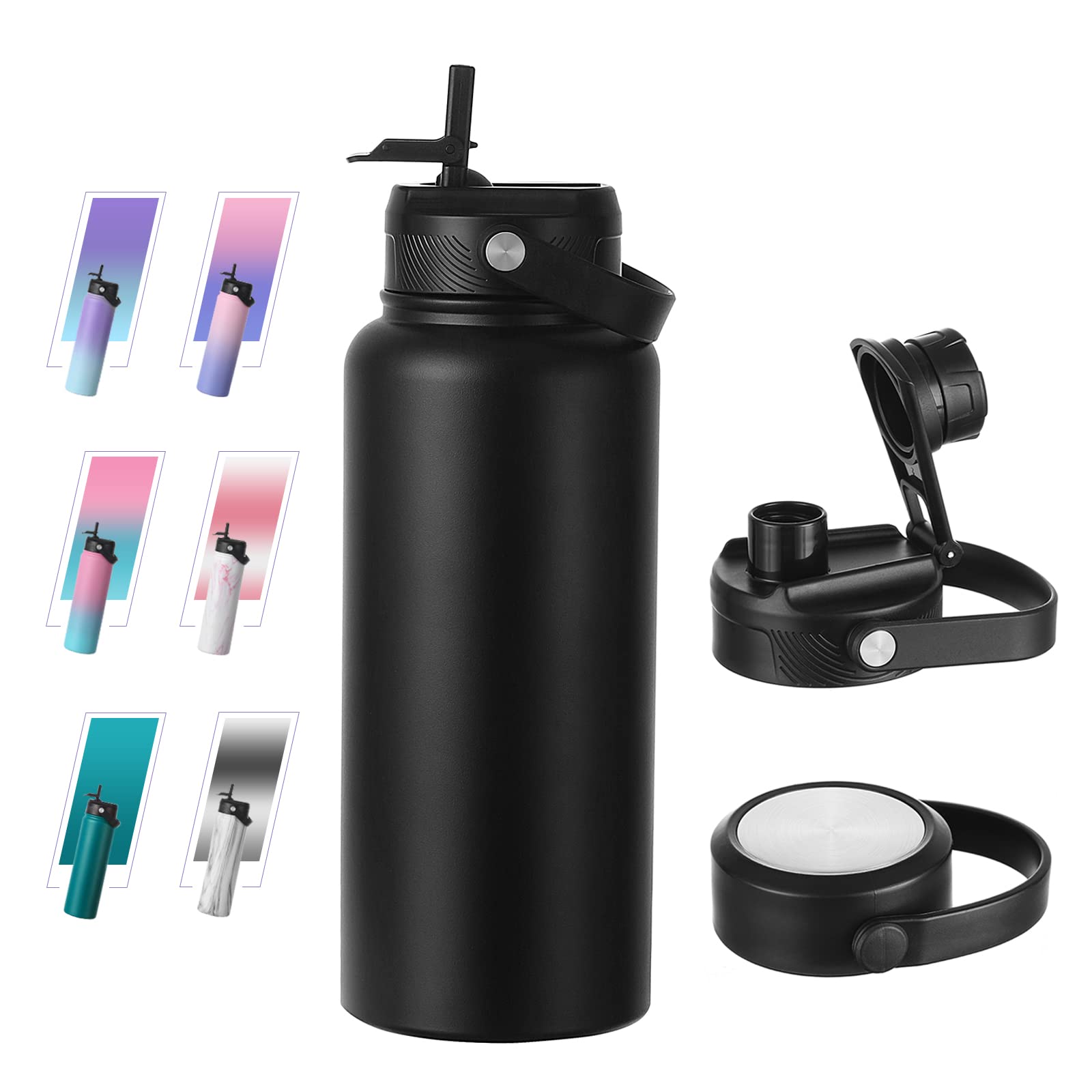 Bluego 32oz Stainless Steel Water Bottle with 3 Lids -Straw-Spout-Handle Lids, Vacuum Wide Mouth Reusable Metal Water Bottles,Keeps Hot and Cold Leak-Proof Sports Flask-Black