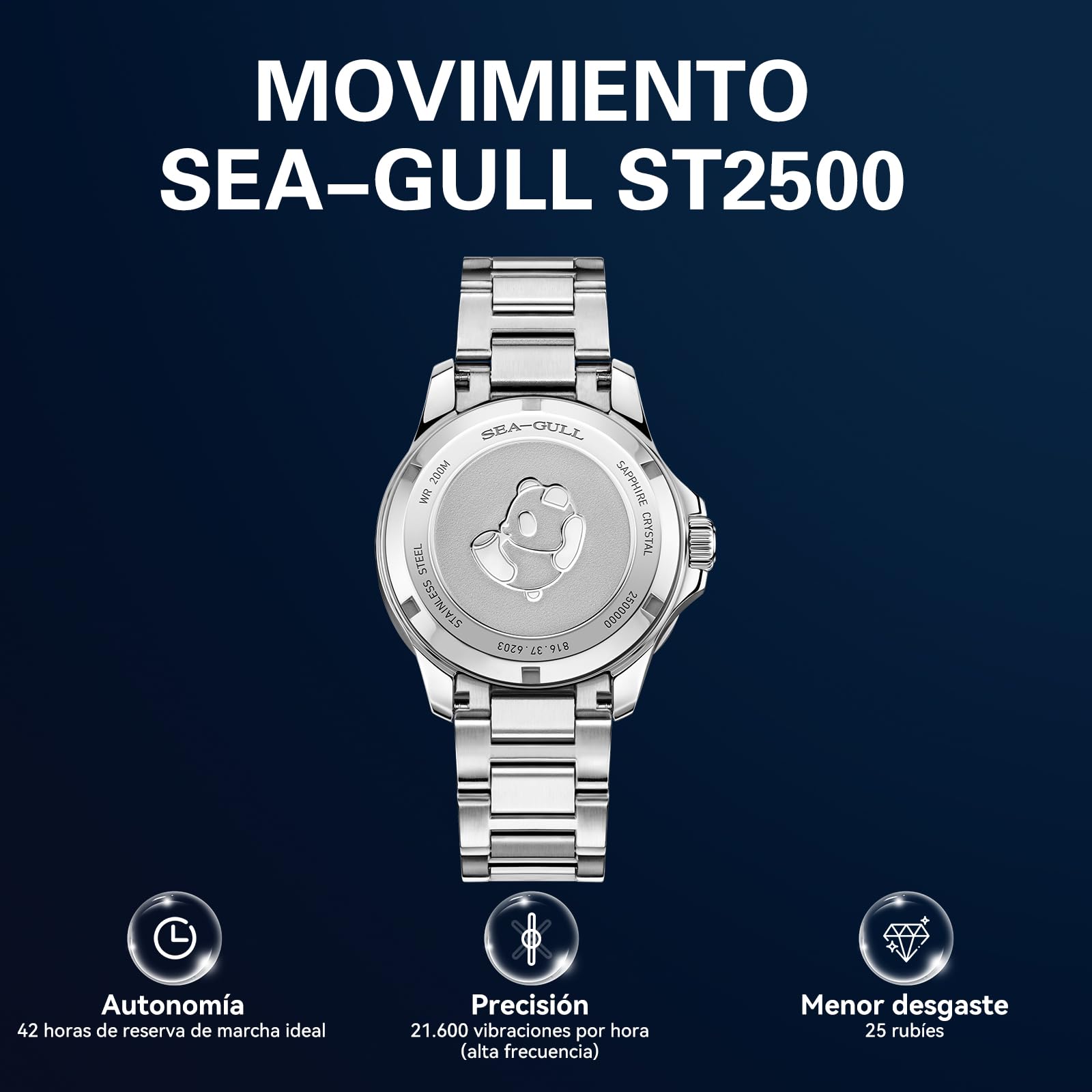Sea Gull Reloj automático de Buceo para Hombre, Resistente al Agua de 200 m, Cristal de Zafiro, Pulsera de Acero Inoxidable 316L, Caja Trasera grabada de Pulpo