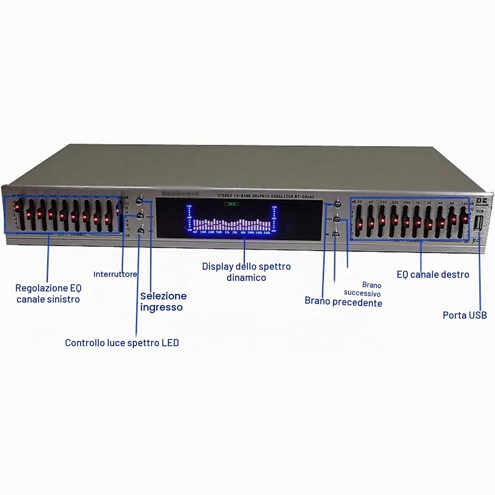 Equalizzatore Audio HiFi a 20 Bande, Equalizzatore Professionale Digitale Con Effetti Grafici, Con USB Integrato E Telecomando, Display a LED Dello Spettro, Per Studio Di Registrazione