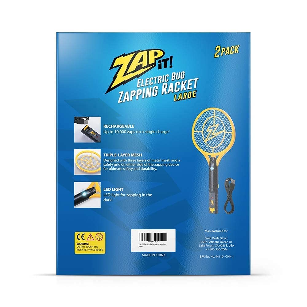ZAP IT! Bug Zapper - Racchetta ricaricabile per zanzare, insetticida e insetti, con luce blu, misura L, colore: giallo