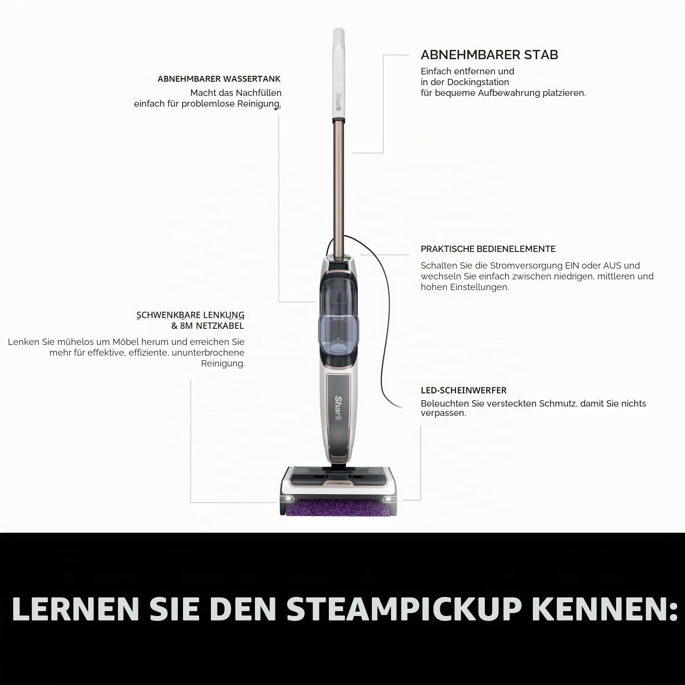 Shark SteamPickUp 3in1 Dampfreiniger für Hartböden - Reinigung ohne Chemie, reinigt und trennt nassen und trockenen Abfall, Inhalt 420 ml, Inc. Extra Bürstenwalze Basis