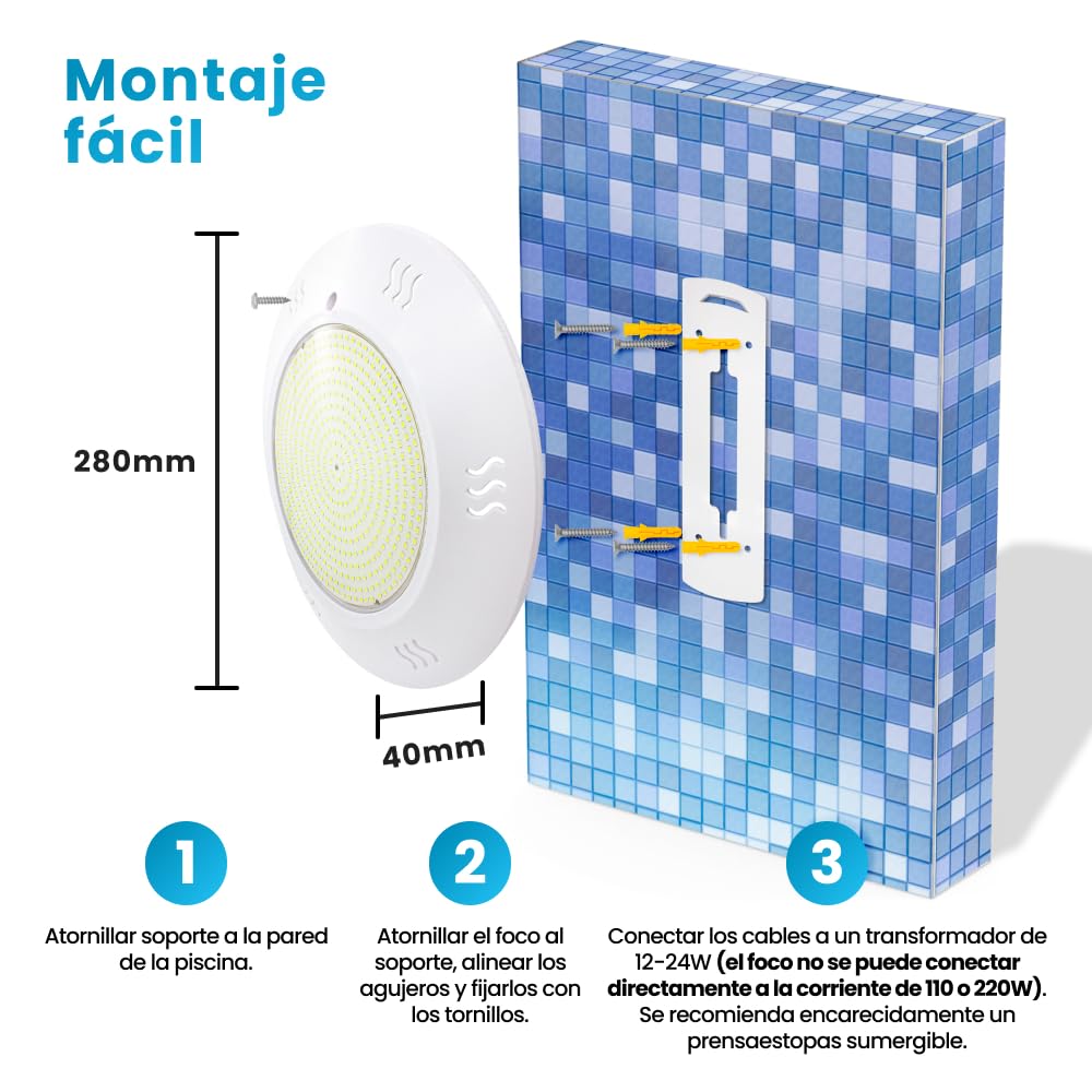 Foco Piscina 35W 6000K LED Superficie tono luz Blanco Frío