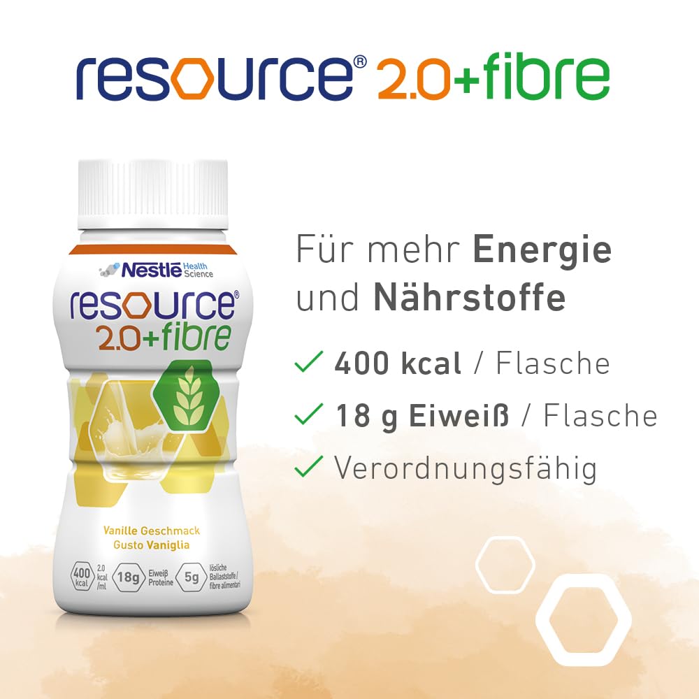 resource® 2.0+fibre Vanille | 24x200ml | Hochkalorische Trinknahrung bei ungewolltem Gewichtsverlust | Astronautennahrung | Aufbaunahrung | 400 Kalorien + 18g Eiweiß/Flasche | mit Ballaststoffen