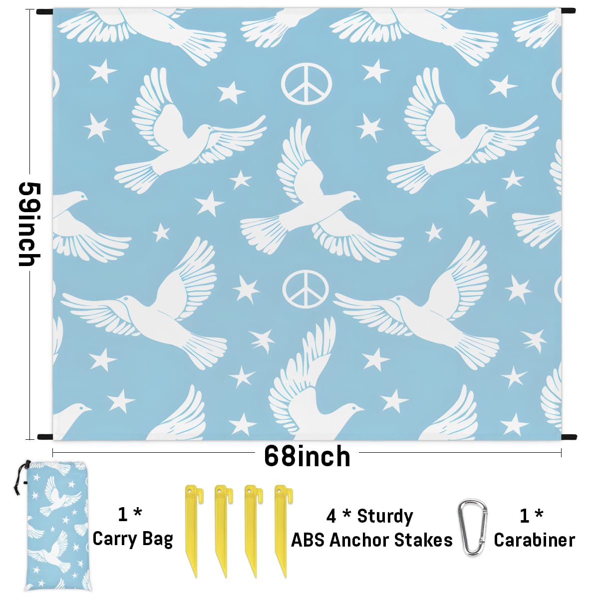 Eabrults Waterproof Sandproof Beach Blanket, 59''×68'' Peace Dove Polyester Outdoor Picnic Blanket with 4 Stakes & Storage Bag for Beach,Camping,Vacation Lake Blue