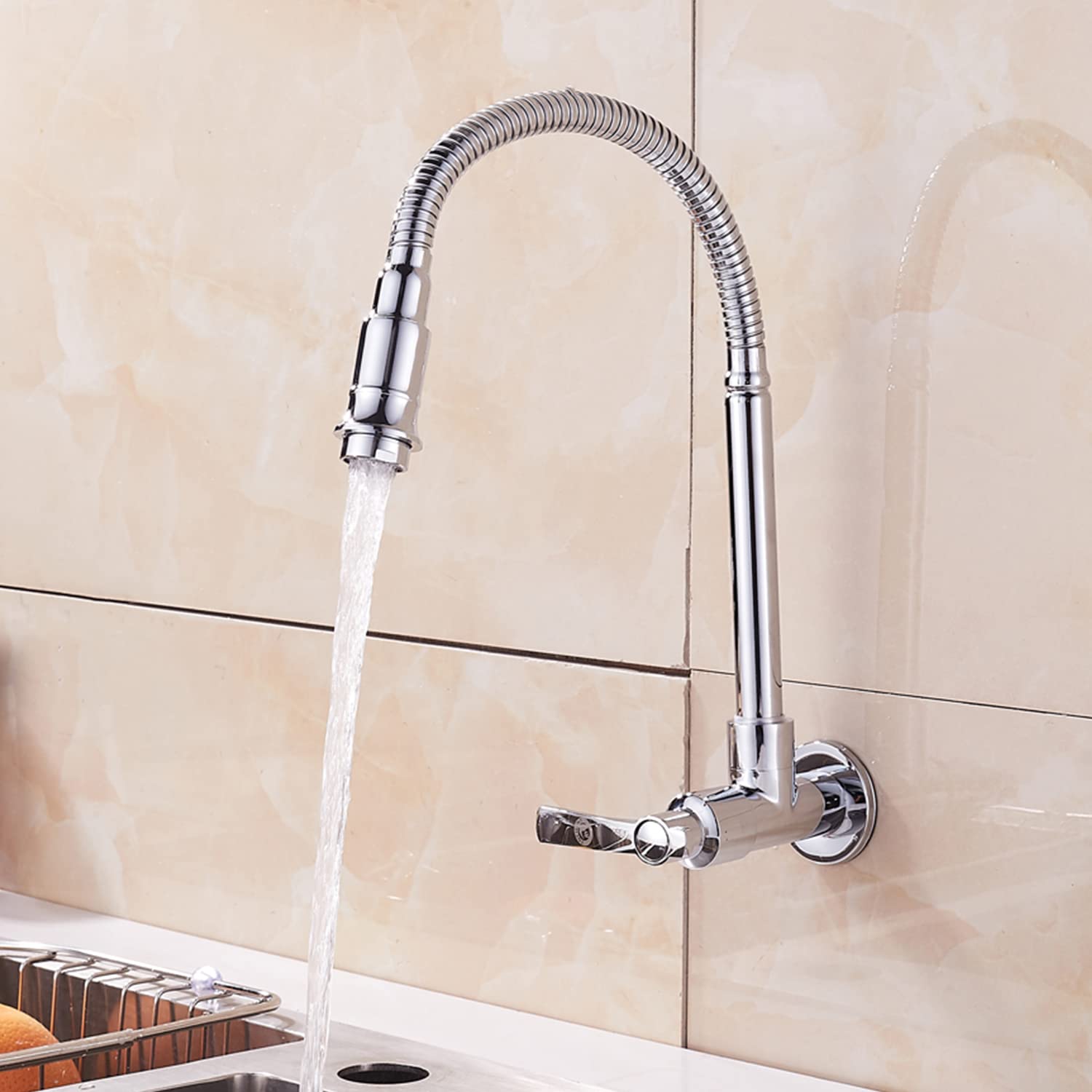 Inchant - Grifo de pared para cocina con agua fría, acabado cromado y cuerpo de latón, giratorio 360°, giratorio