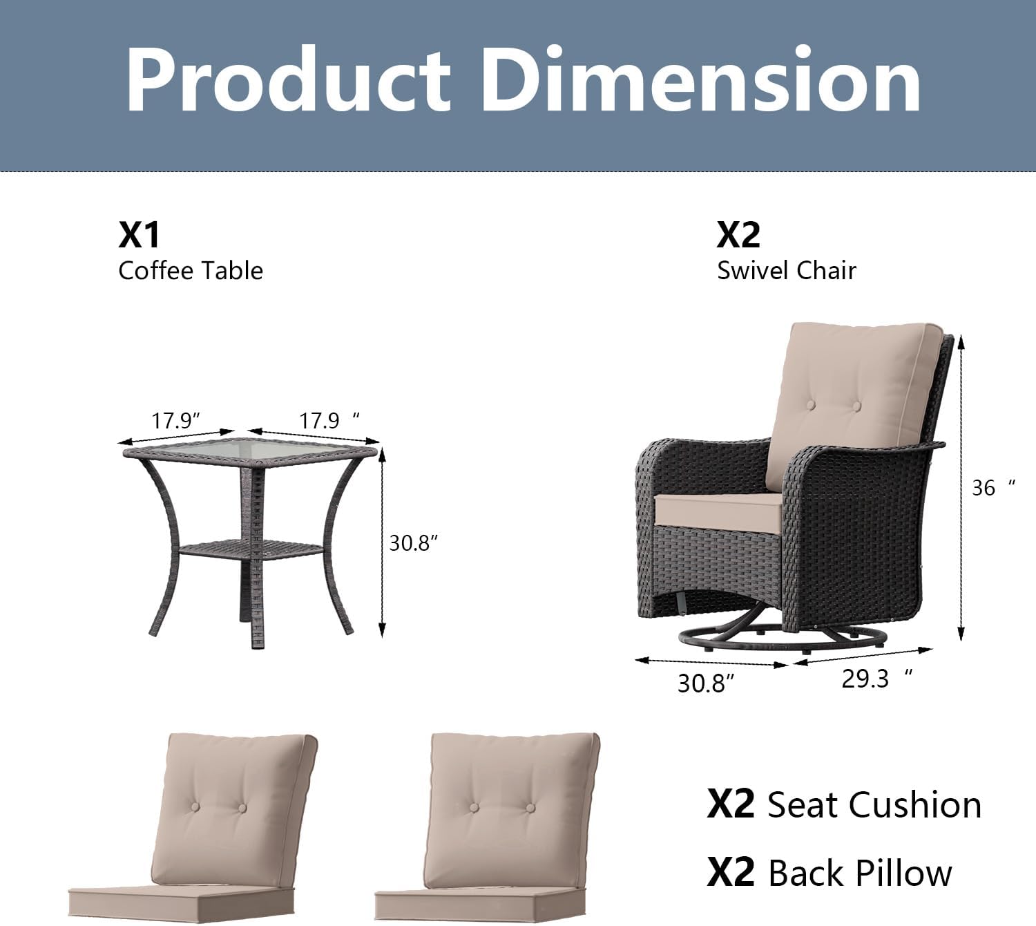 3 Pieces Patio Swivel Rocker Wicker Chairs-Outdoor Swivel Rocking Chairs with 1 Rattan Coffee Table 2 Thickened Cushions Outdoor Furniture Conversation Sets for Patio Porch Garden