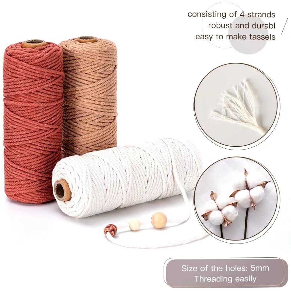 HanCheng Macrame Yarn Set, 60m, 3mm, 3 Colors (Beige, Bordeaux, Dusky Pink) With 40 Wooden Beads, 6 Rings, 2 Sticks, 3 Keyrings - Image 2