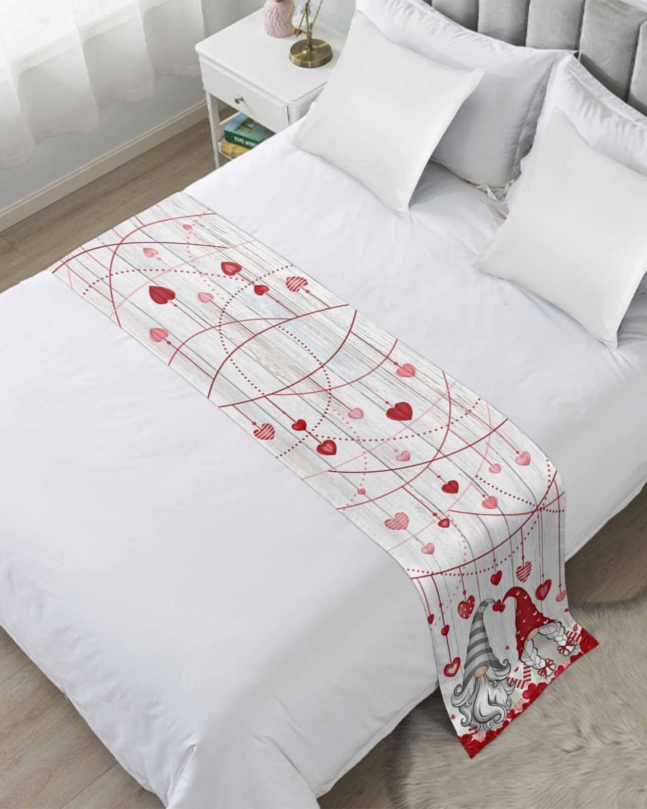 Smile Sunflower Bed Runner Scarf Valentines Day Gnome with Love Heart Wood Grain Bedding Scarf Decorative Bed Runners