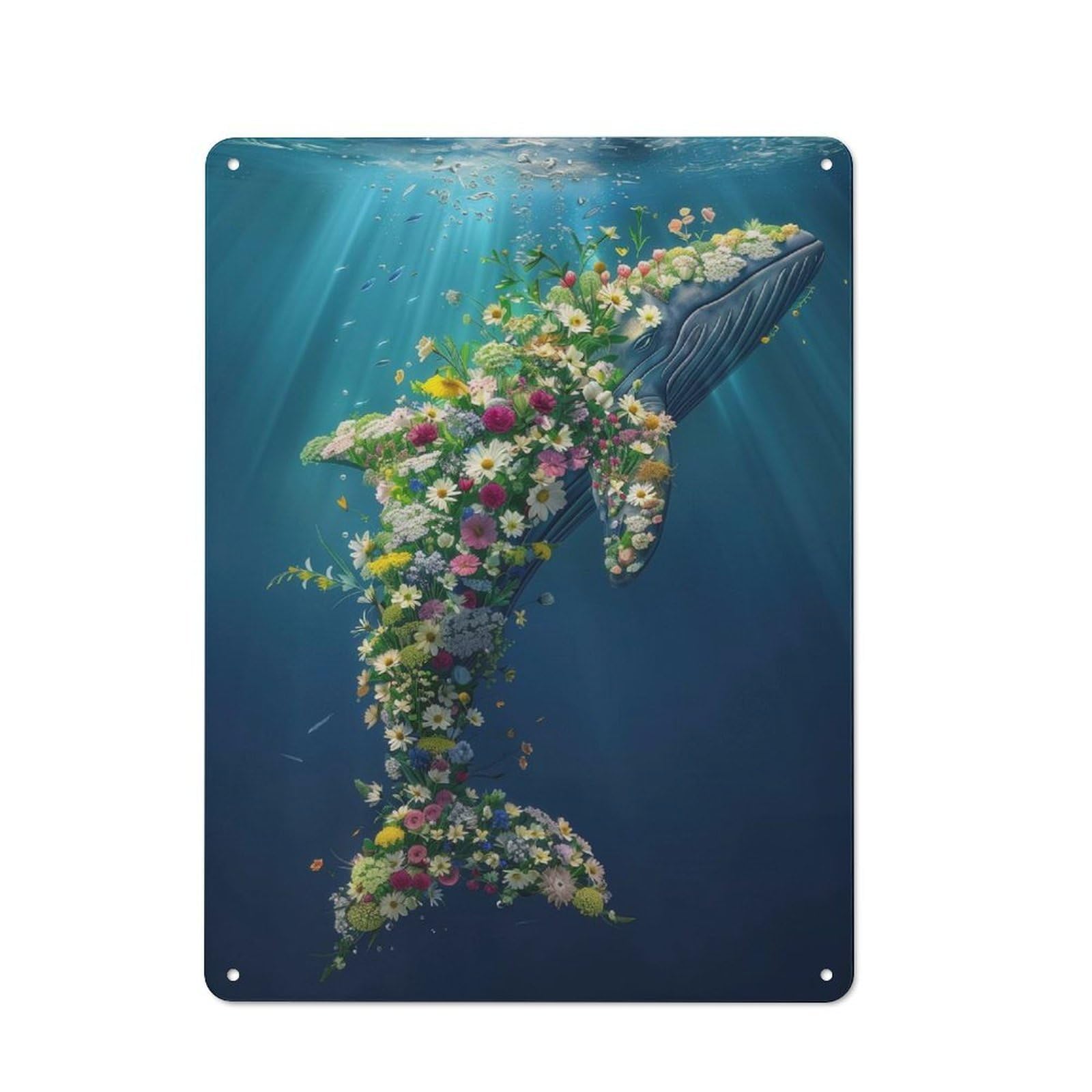 Junmoney Floral Whale Deep Ocean Friendly Metal Wall Decor 40X30cm, Decorative Metal Plaque For Tea Room, Shop Wall Or Breakfast Area