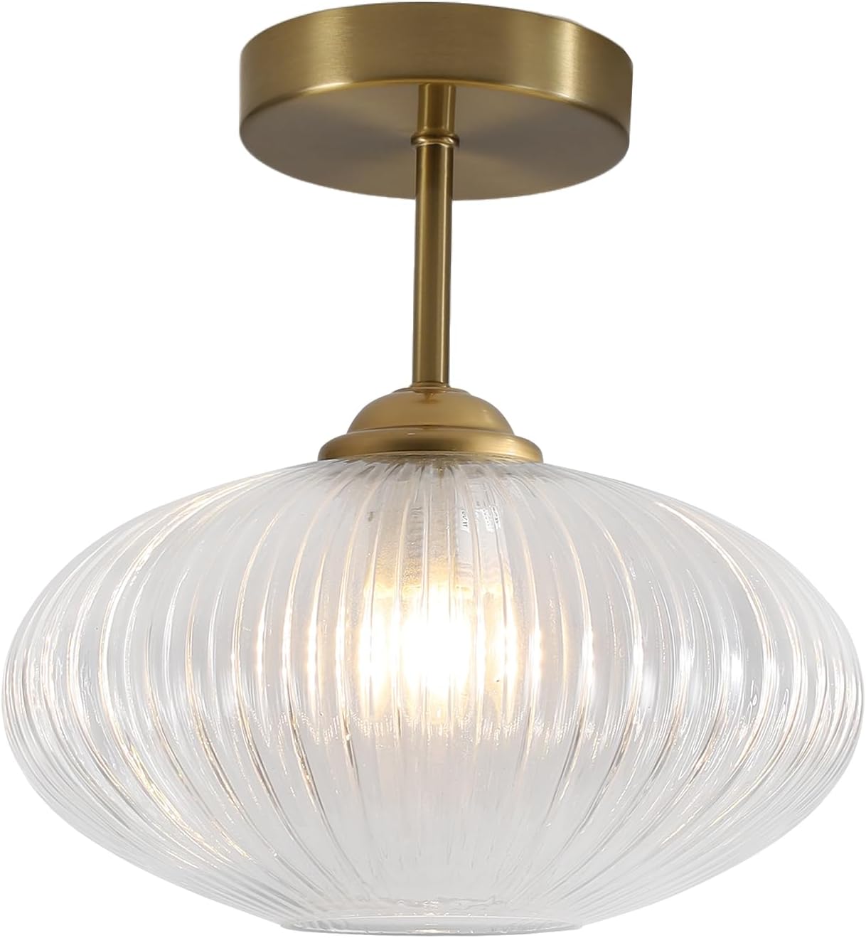 Clear Glass Semi Flush Mount Ceiling Light Small Brushed Gold Hallway Light Vintage Brass Globe Entryway Light Modern Close to Ceiling Light Fixture for Bathroom Entryway Foyer Closet MCL32-D
