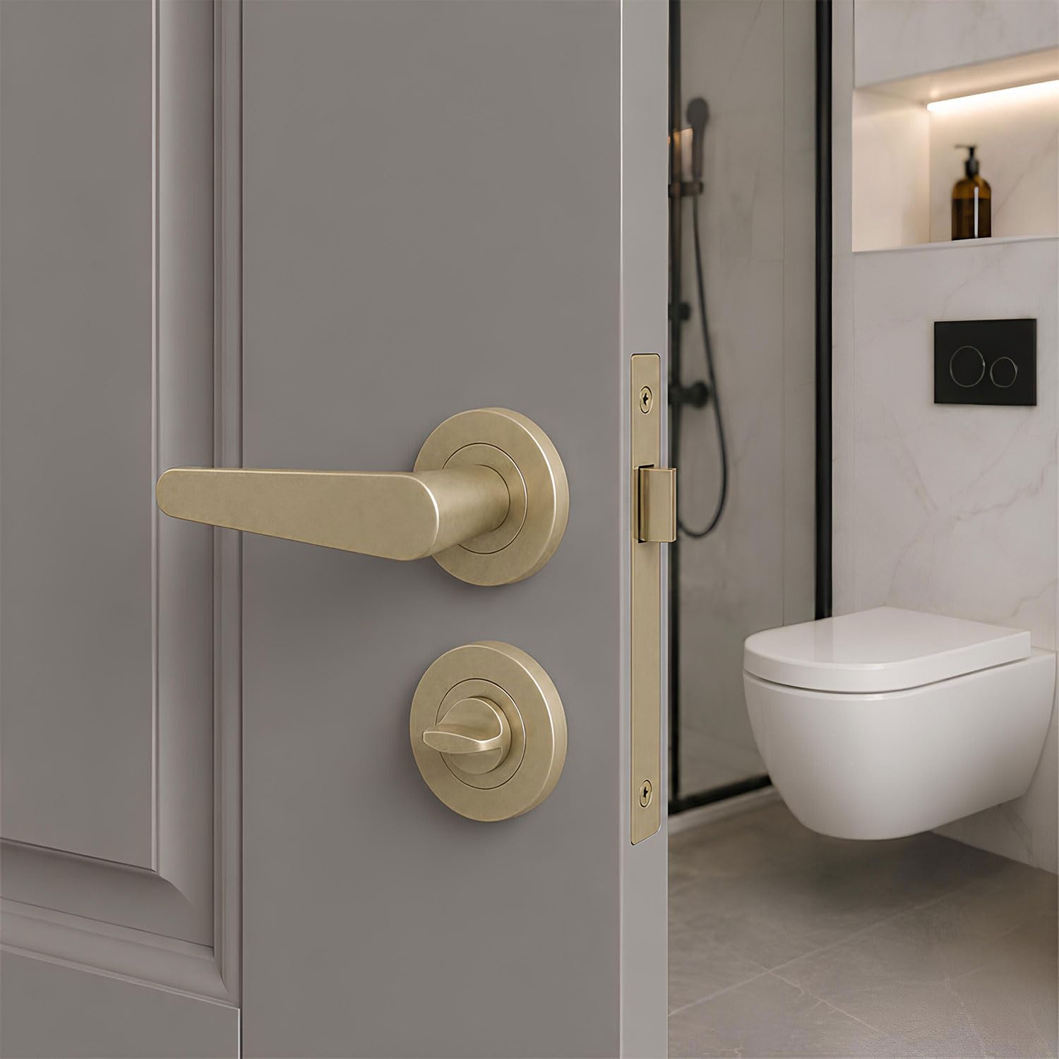 Özen KAYI Titanyum Renk WC Kapı Kolu Yuvarlak Rozetli Banyo Tuvalet Uyumlu Modern Kapı Kolu Takımı