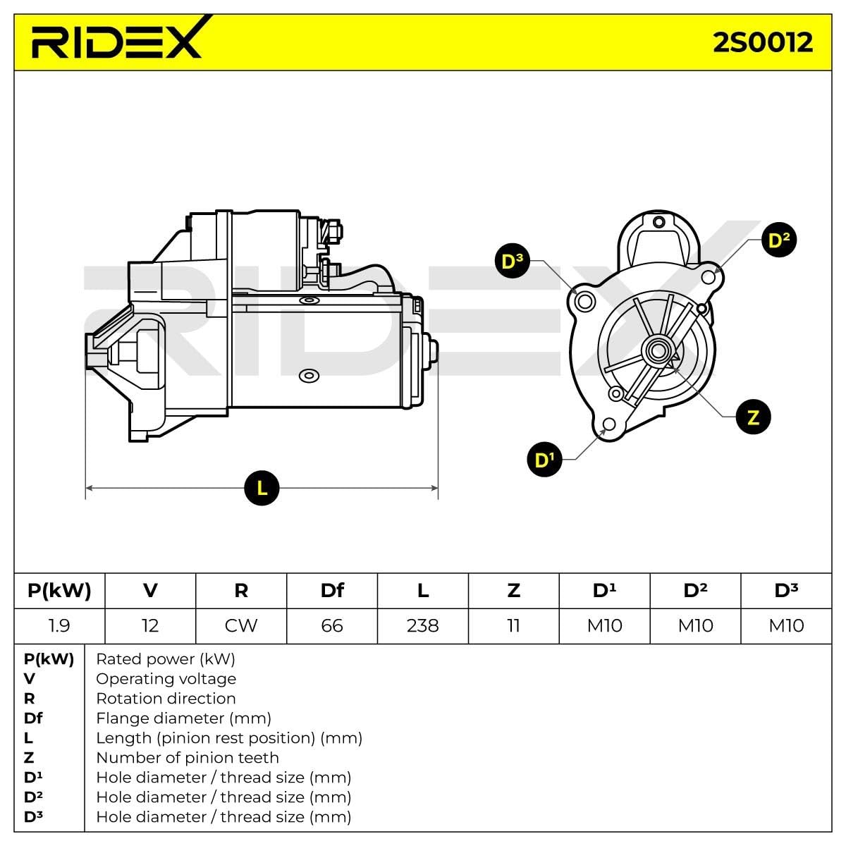 RIDEX 2S0012 Démarreur pour voiture 12V, 1,9KW, Compatible avec PEUGEOT 206 3/5 portes 2A/C 1638116180 5802EF 5802C3