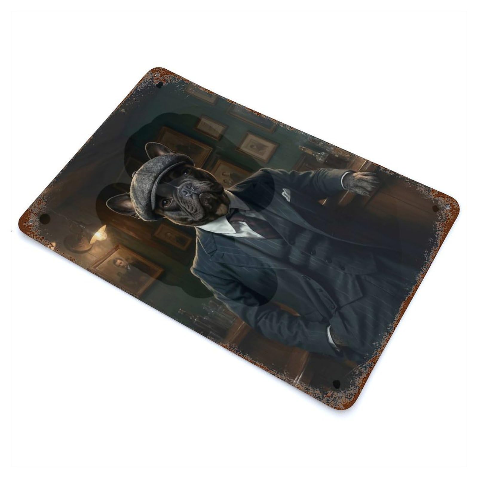French Bulldog in Suit at The Pub 11.8"x7.9" Retro Metal Sign, Industrial Home Decor for Basement, Hobby Room And Garage Decor