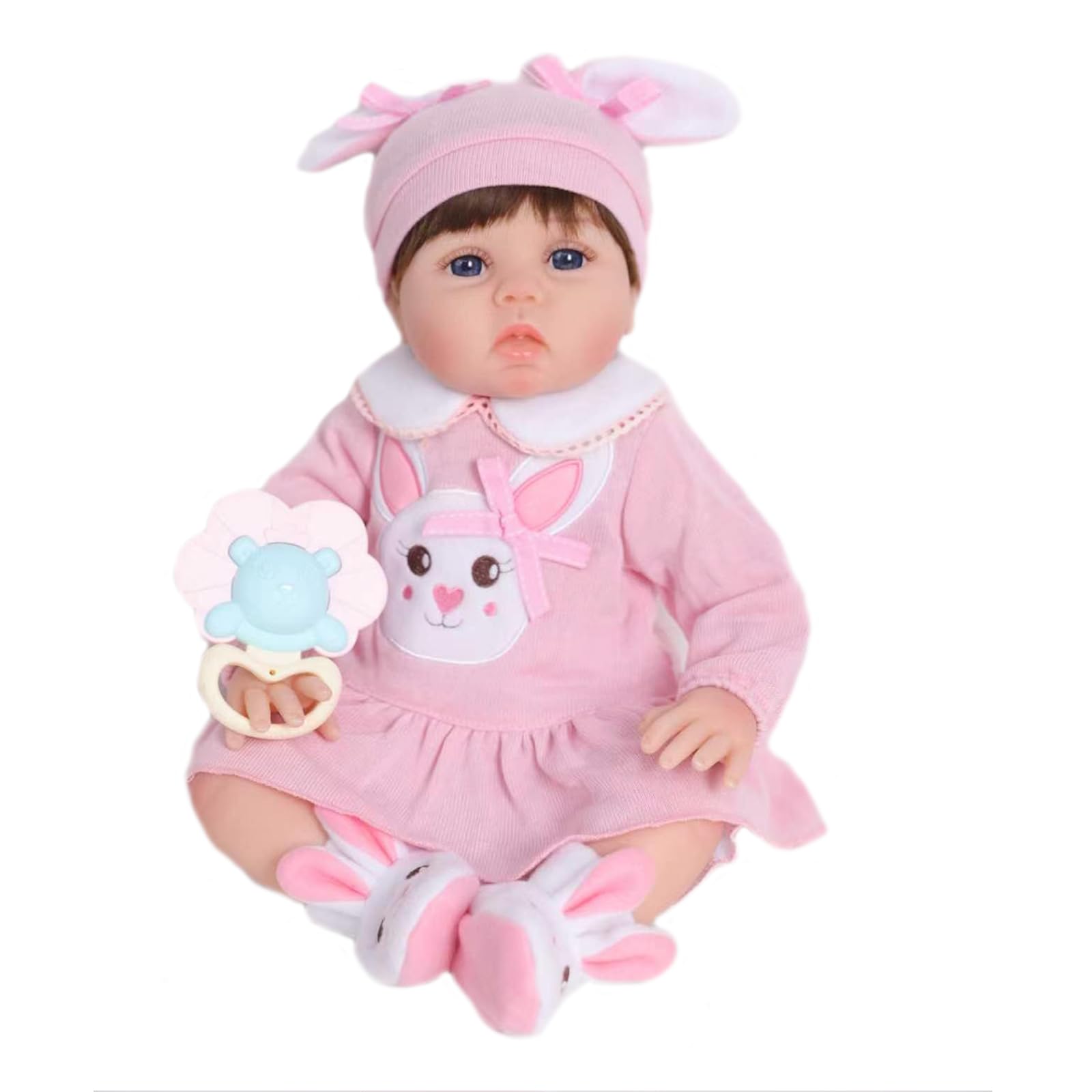 22 Pollici Bambole Reborn realistica bambine 55 cm, corpo imbottito in cotone, tuta a tema coniglio rosa, ciuccio, biberon e Sonagli, regalo per bambini dai 3 anni in su