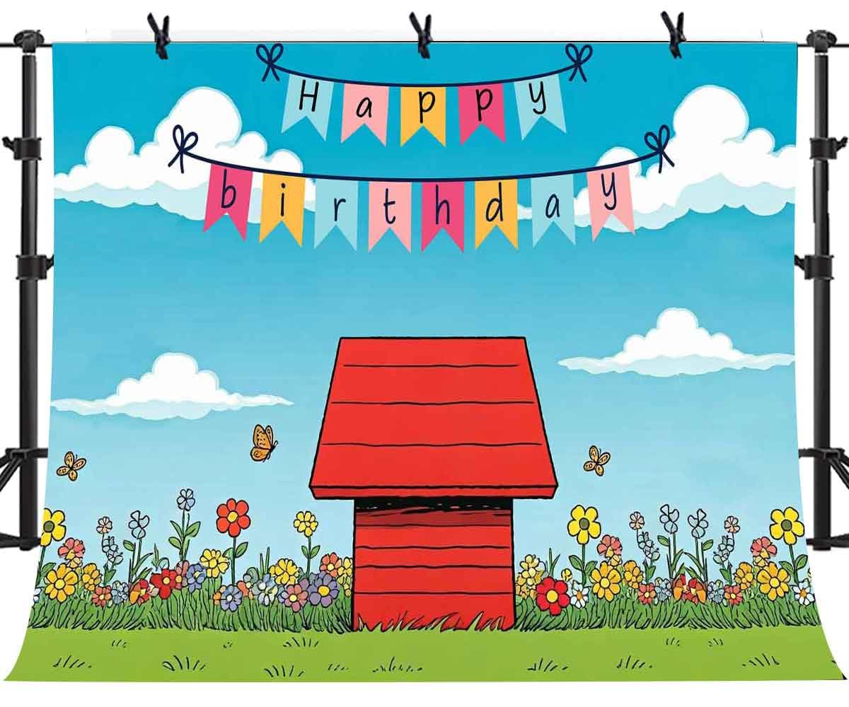 Red Dog House Backdrop for Birthday Party Photography Background, Red Doghouse Blue Sky Grass Flowers Children Kids Bday Background Cake Table Banner