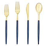 Supernal 180pcs Gold and Blue Plastic Silverware,Gold Plastic Flatware with Blue Glitter Handle,Disposable Cutlery for Party,Unique Disposable Utensils Suit for Party,Birthday,Wedding