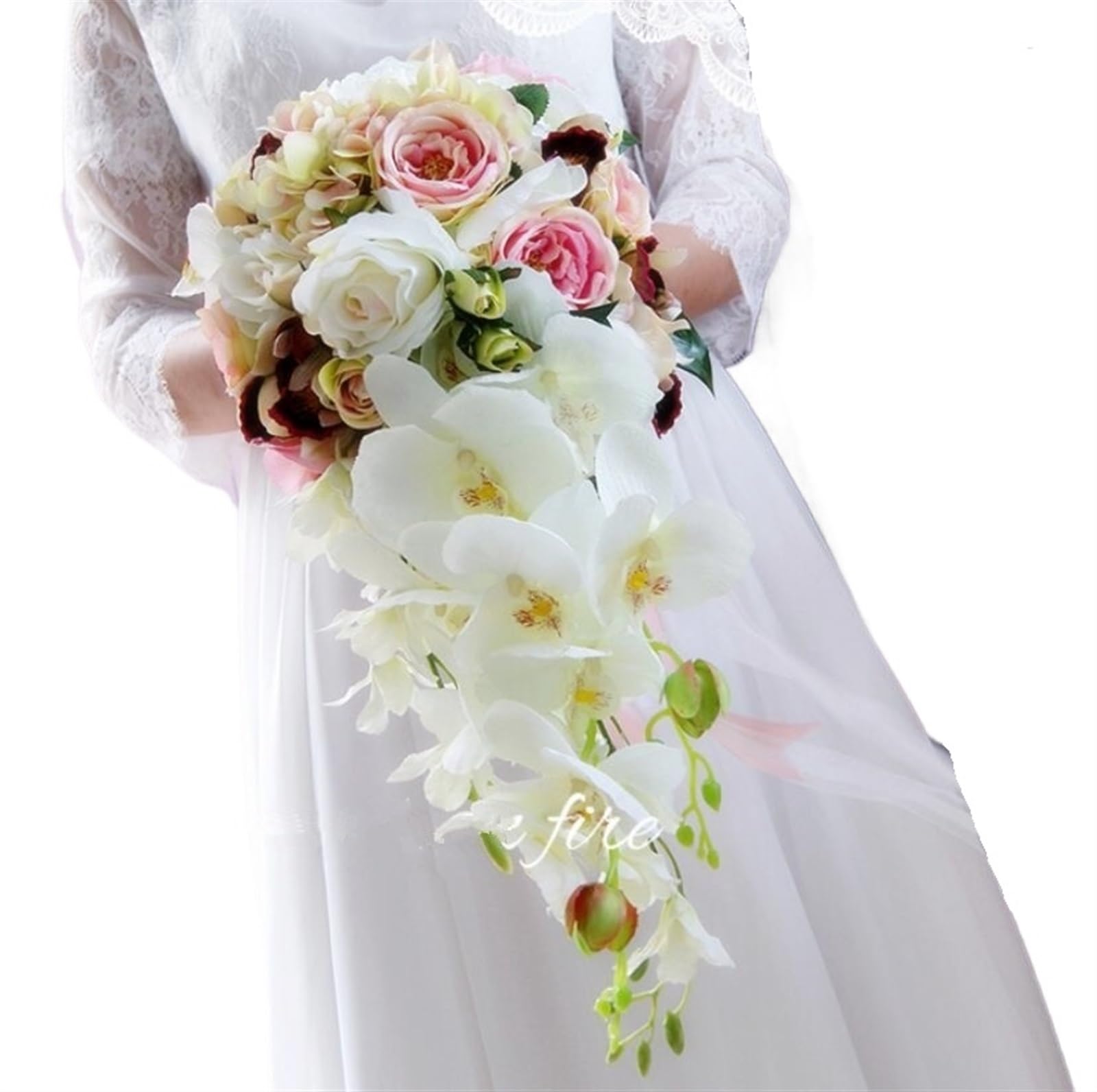 NDLHXKFRP Wedding bouquets for brides and bridesmaids, Wedding Bouquet Waterfall Artificial Flowers White Pearl Bride(Style 6)