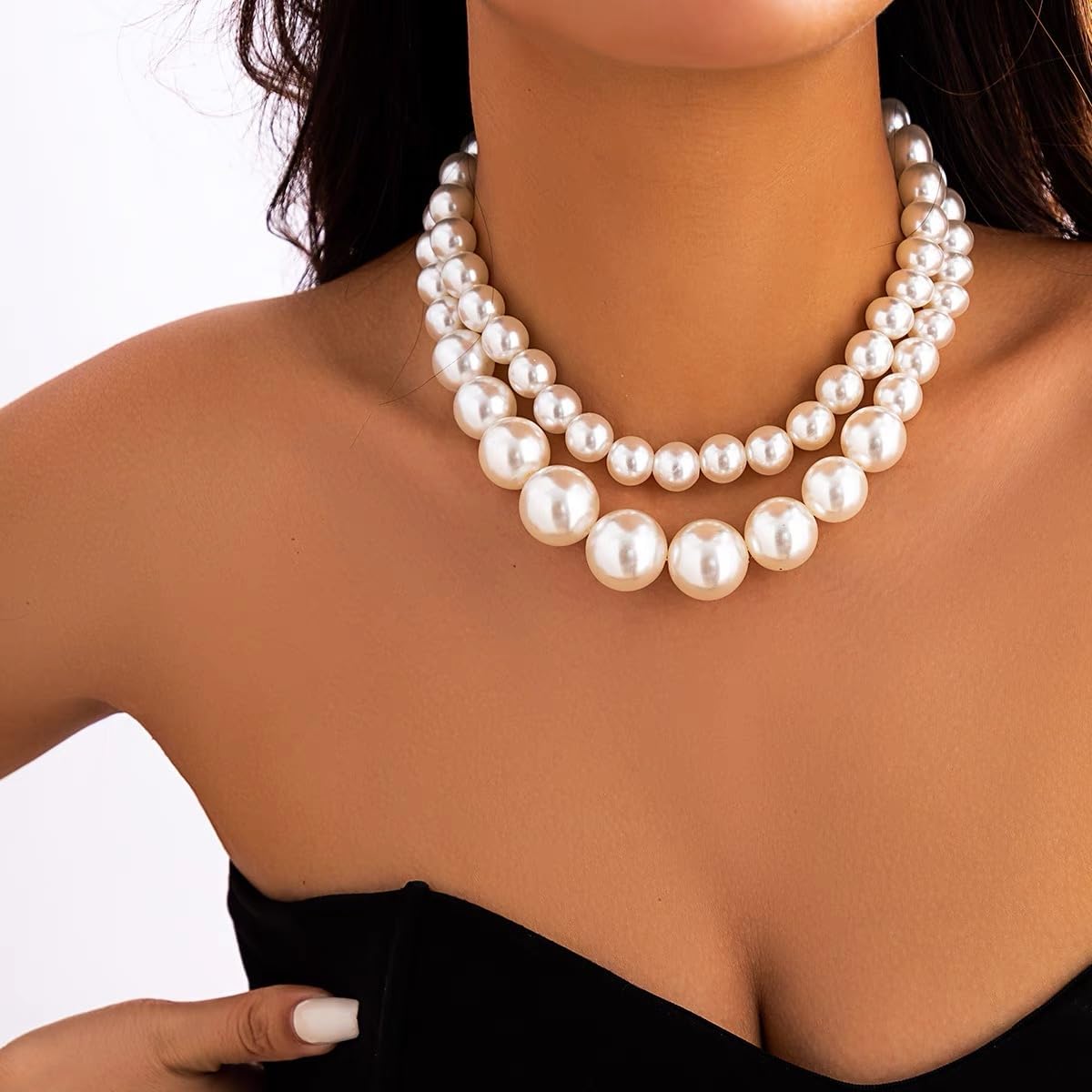 SukAmi Big Pearl Choker Necklace Chunky Large Simulated Faux Pearl Necklace Women White Layers Pearl Necklace Wedding Party Jewelry 20s Gift 2PCS 35+7cm