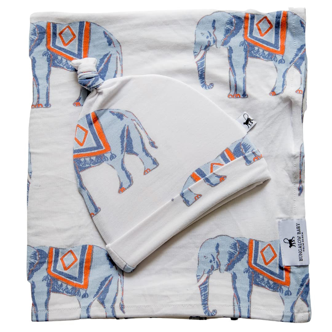 BUNGALOW BABY Swaddle Set - Premium Bamboo Viscose Baby Swaddle Blanket & Hat Set, Baby Boy, Baby Girl, Unisex, Newborn Swaddle, Baby Wrap, Bamboo Blanket (Chinoiserie Elephant/Blue)
