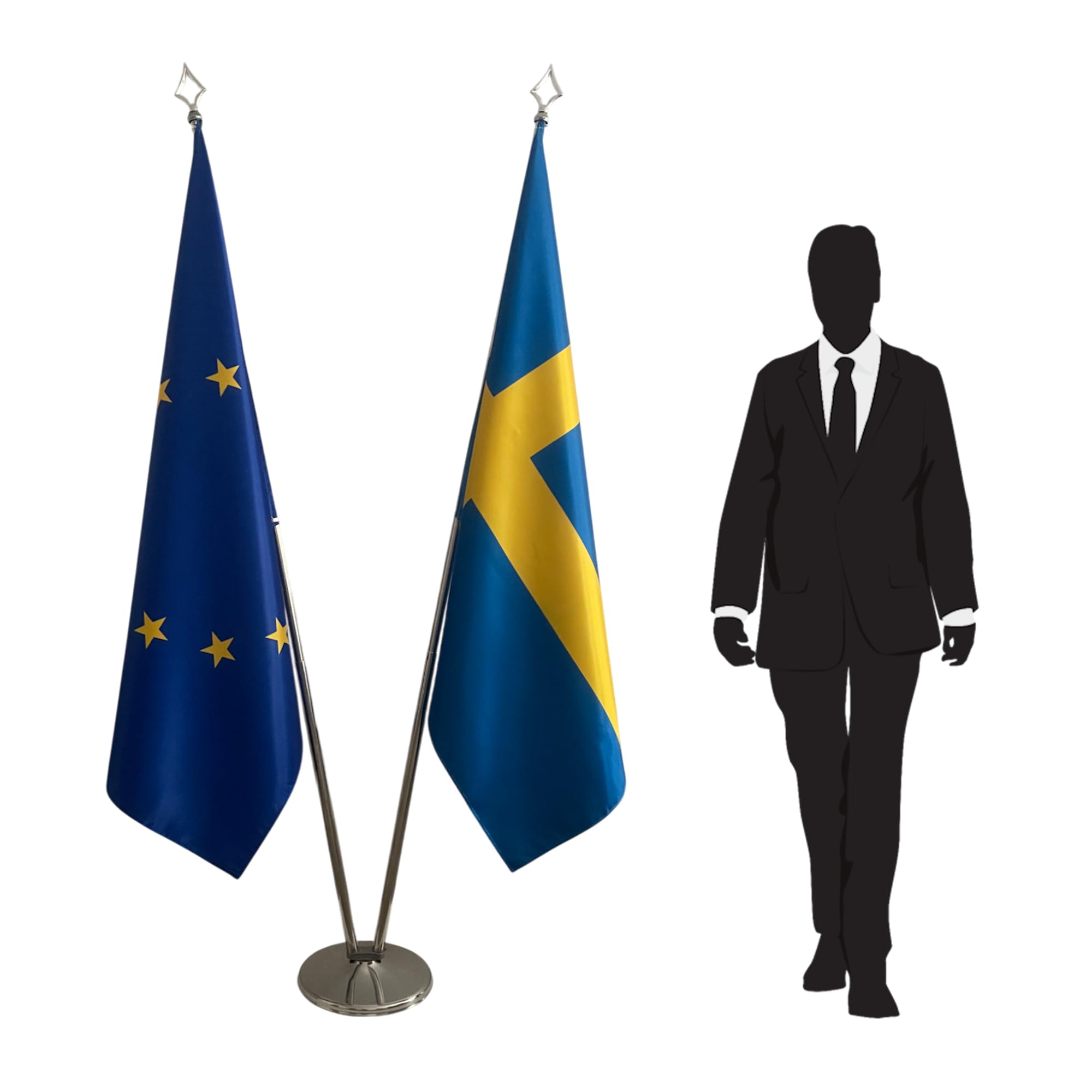 Drapeaux Suède et UE sur pied : finis les emblèmes froissés en réunion