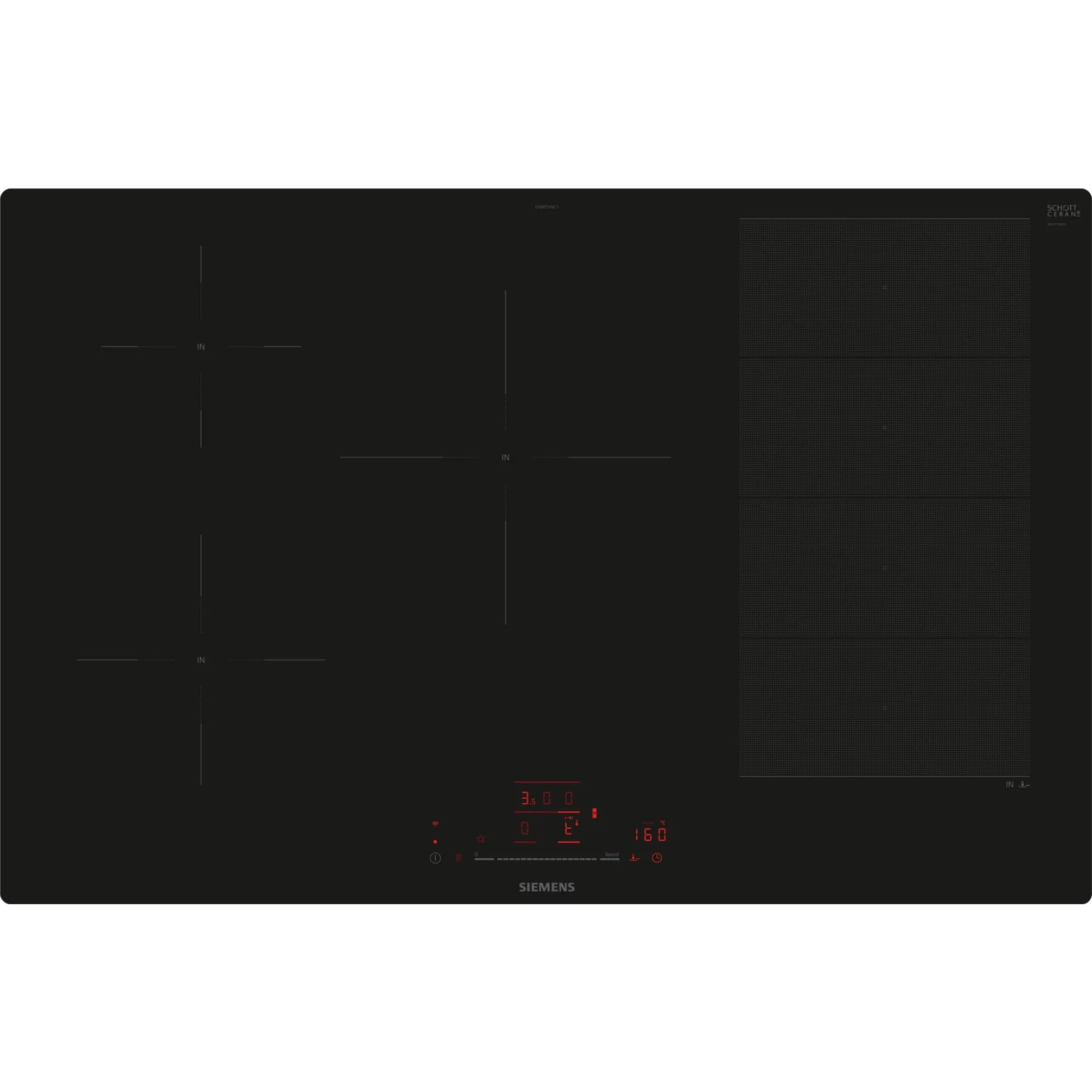 Siemens EX801HVC1E, iQ700, Smart piano cottura a induzione, autosufficiente, a filo di superficie, 80 cm, nero, funzionamento touchSlider, zone di cottura flessibili e intelligenti, powerBoost per una
