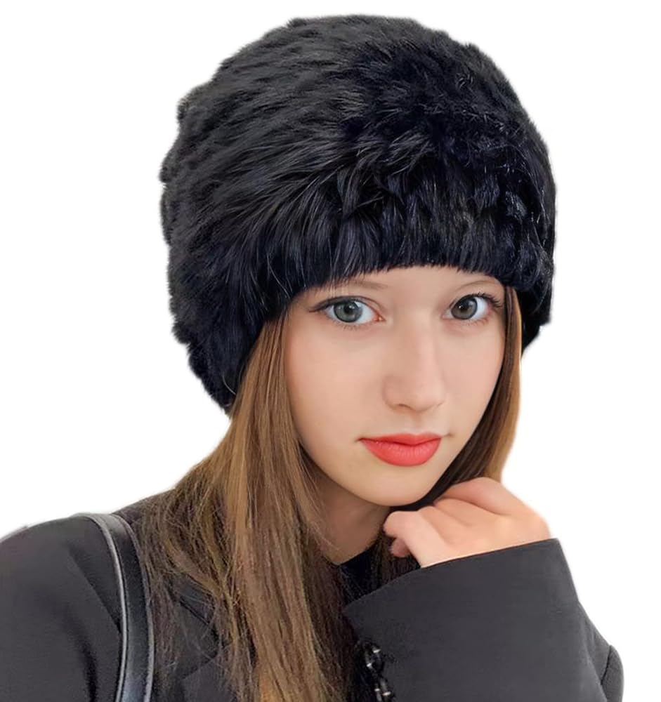 帽子 Rabbit.b fur design beanie Forssils Womens Rabbit Fur Hat Knitted Real Fur Hat Furry
