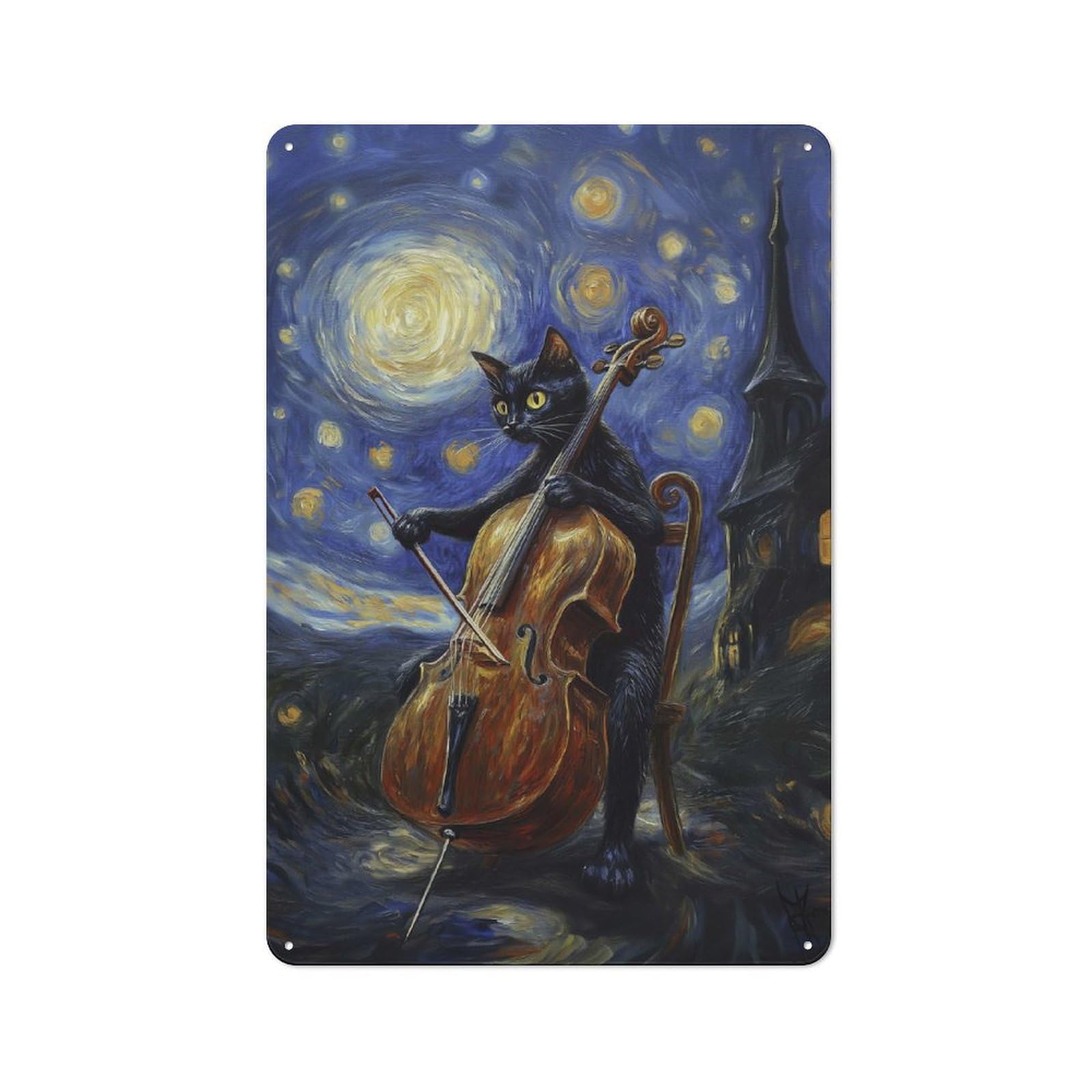 Junmoney Cat Playing Cello Under Starry Night Retro Metal Sign 30X20cm, Home Bar Decor For Pub, Home Bar, Shed Or Man Cave, For Relaxed Wall Styling