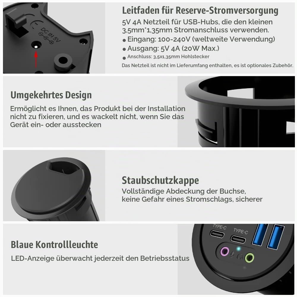 USB 3.0 HUB | ineo | 4 Ports | 2X USB-C | 2X USB-A | Audio I/O | Einbau in 60mm Schreibtischloch | Kabellänge 150cm | Staubschutzabdeckung | Einbauring 80mm | THC06VI
