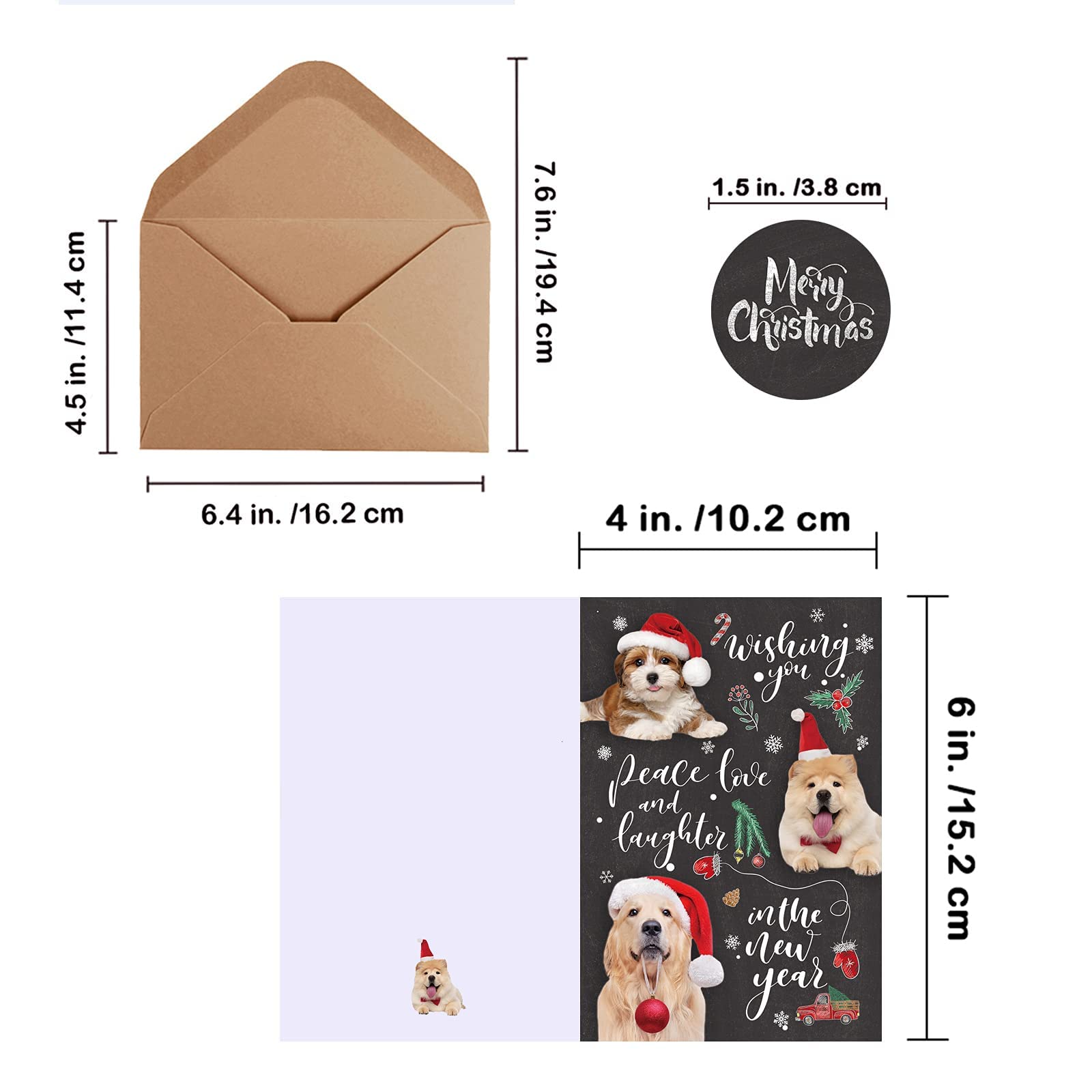 Lot de 120 cartes de Noël avec enveloppes autocollantes, assortiment de 6 motifs festifs de chiens en vrac, tableau noir en vinyle, cartes de vœux pour Noël