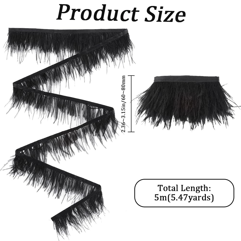 GORGECRAFT 6~8cm Width Ostrich Feather Trim Black Natural Feathers Fringe Ribbon 5M Women Clothing Strand Costume Tape Accessories Wedding Decorations for Crafts DIY Dress Clothes Sewing Boots - Image 2