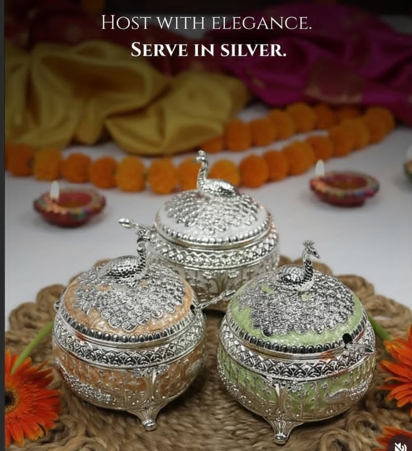 Premium Peacock Design Silver-Plated Decorative Dry Fruit & Sugar Pot with Spoon | Multipurpose Tableware Storage Bowl | Fancy Gift Item for Home & Kitchen (Peach) 3