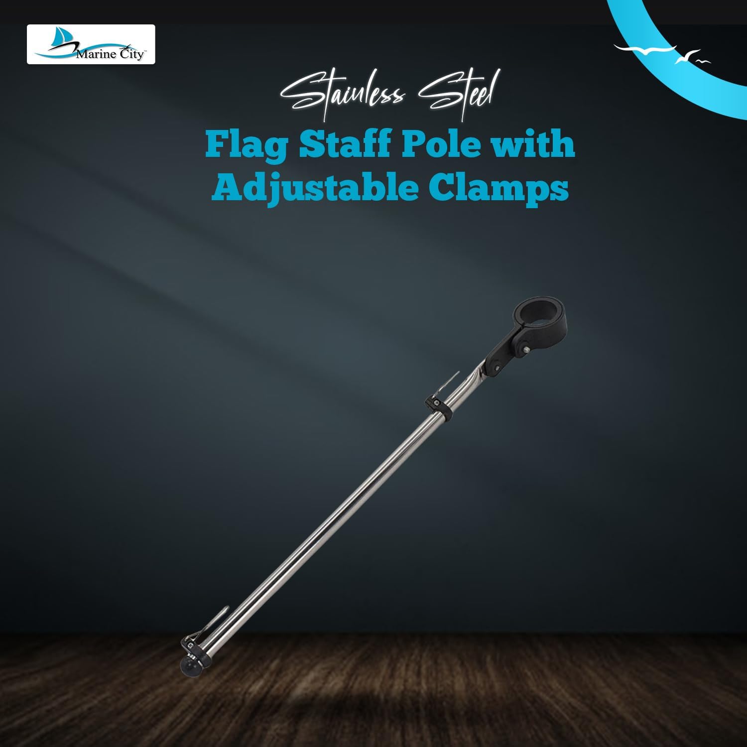 MARINE CITY 304 Grade Stainless Steel Sturdy Rail Mount Flag Staff Pole with Adjustable Rail Clamp for US Flag