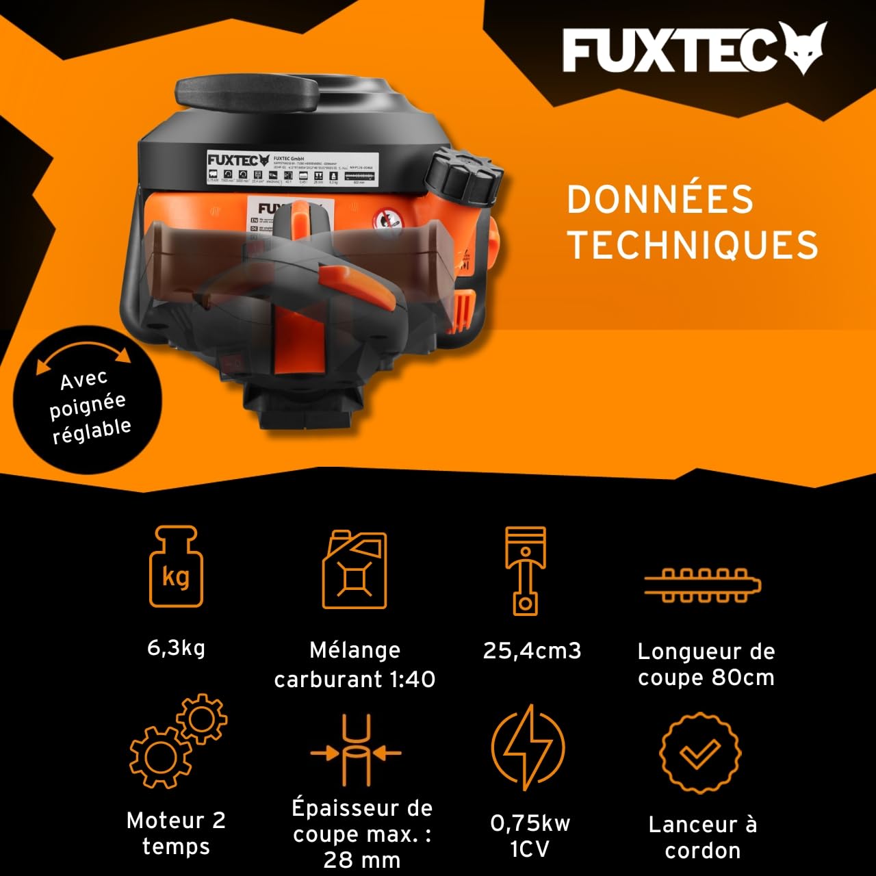 Fuxtec Taille-Haies Thermique Professionnel FX-MHP126 avec Guide de Lames XXL 800mm, Moteur 2 Temps, 25,4cm3,