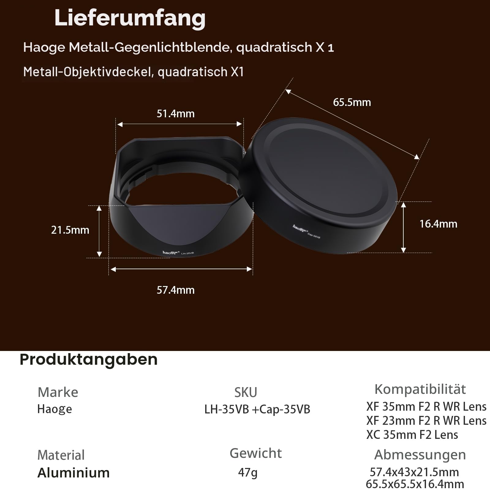 Haoge Gegenlichtblende Bajonett Metall quadratisch für Fujifilm XF35mmF2 R WR, Fuji XF23mmF2 R WR XC 35mm F2 Haube, ersetzt Fujifilm LH-XF35-2 Blende
