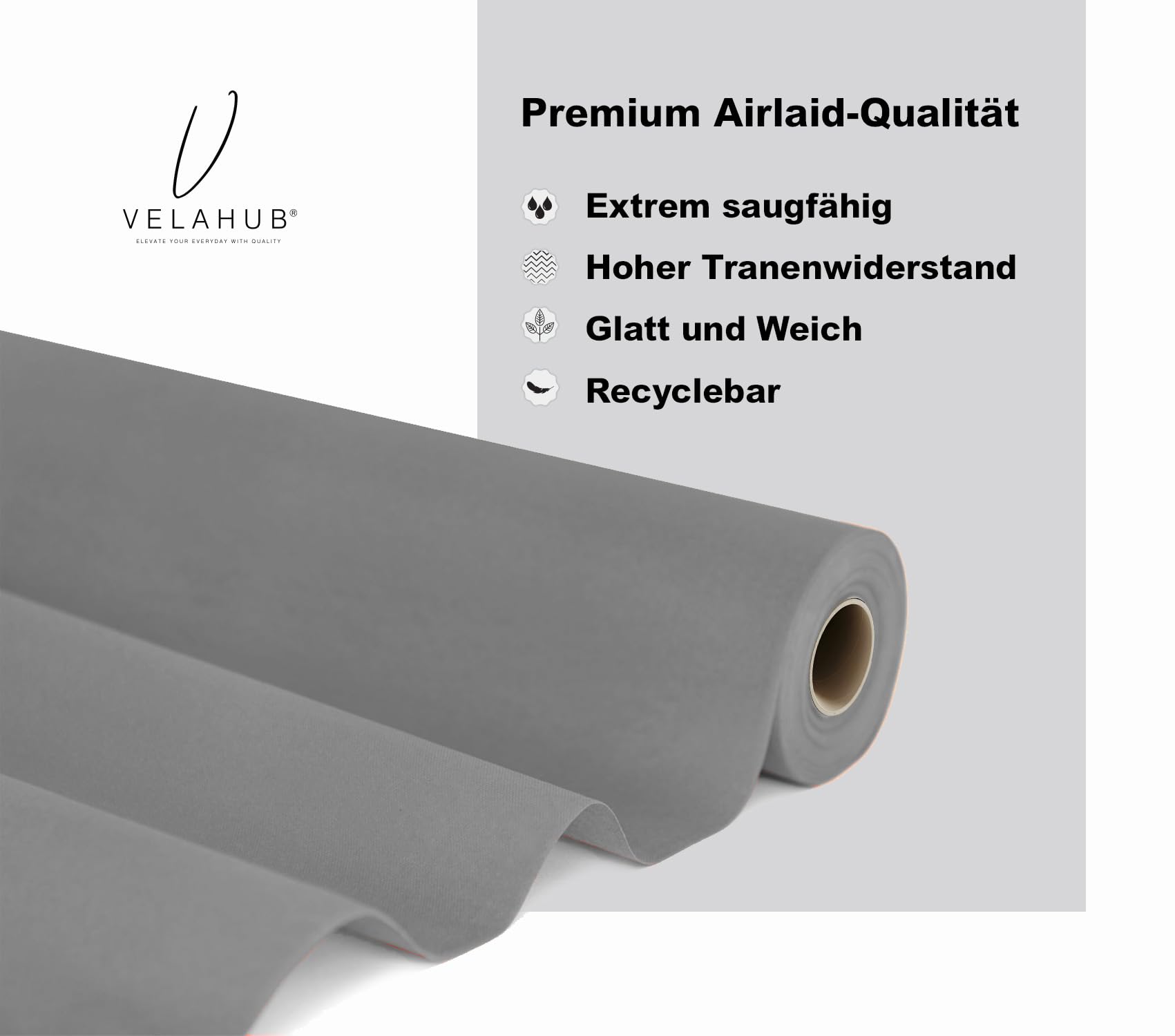 Airlaid Tischdeckenrolle 1,2m x 24m, Hochwertige Einwegdecke, Stoffähnlich, Grau