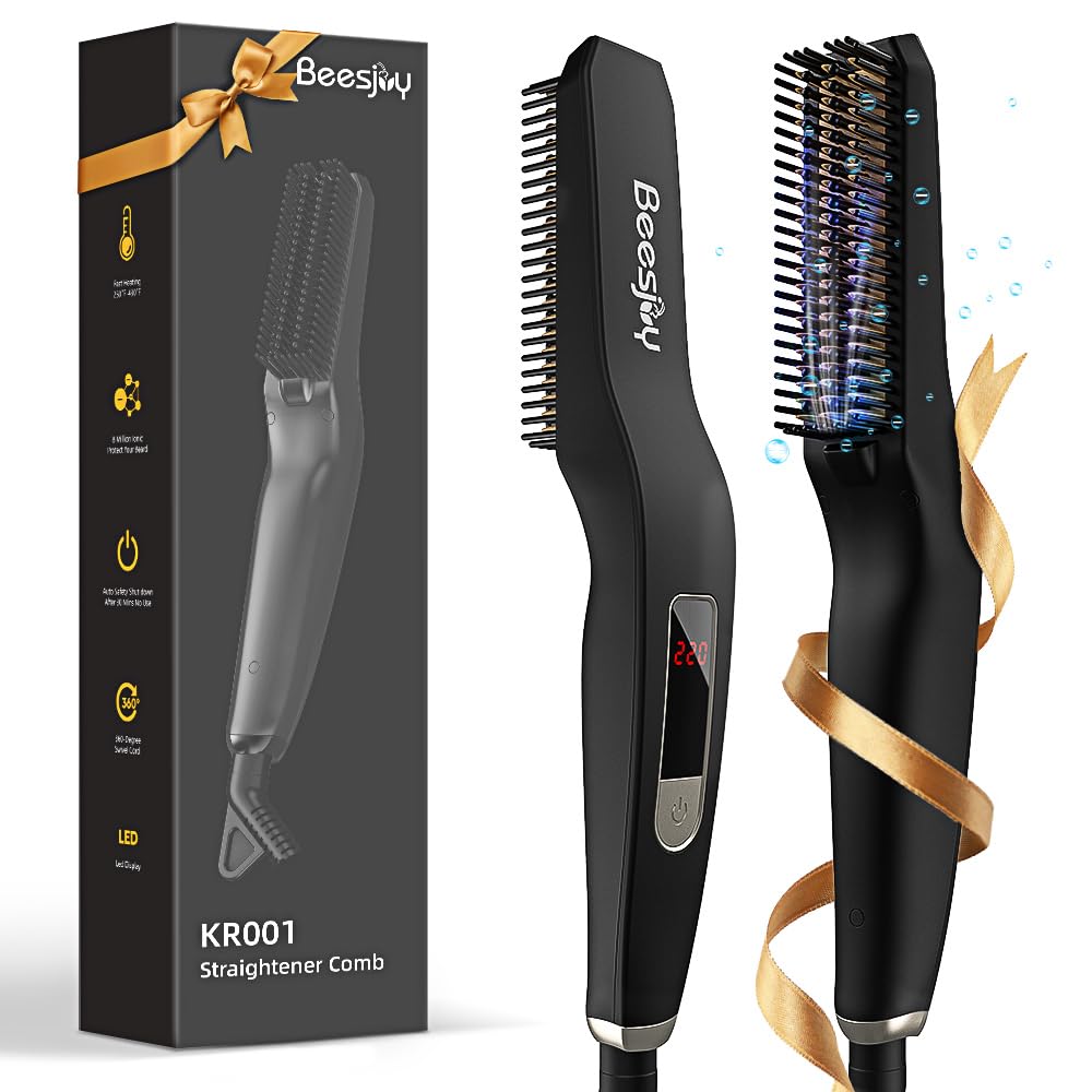 Beesjuy Cepillo Alisador de Barba para Hombres, Cepillo Alisador con Calefacción Iónica, LCD Peine para la Barba, 6 Temperatura Ajustable, Regalo de para Marido/Papá/Hombre