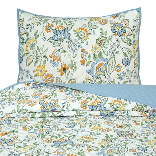 Image of ROYALE LINENS Twin Size 2 pc Quilt Set - Soft Lightweight 100% Microfiber Quilted Set - Printed Bedspread - Quilted Blanket Thin Comforter - Bedding Coverlets for All Seasons (Blue, 1 Quilt- 1 Sham)