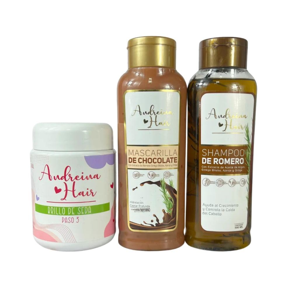 Kit para acelerar el crecimiento (3 Pack) - Shampoo Romero, Mascarilla de Chocolate y Brillo de Seda Andreina Hair