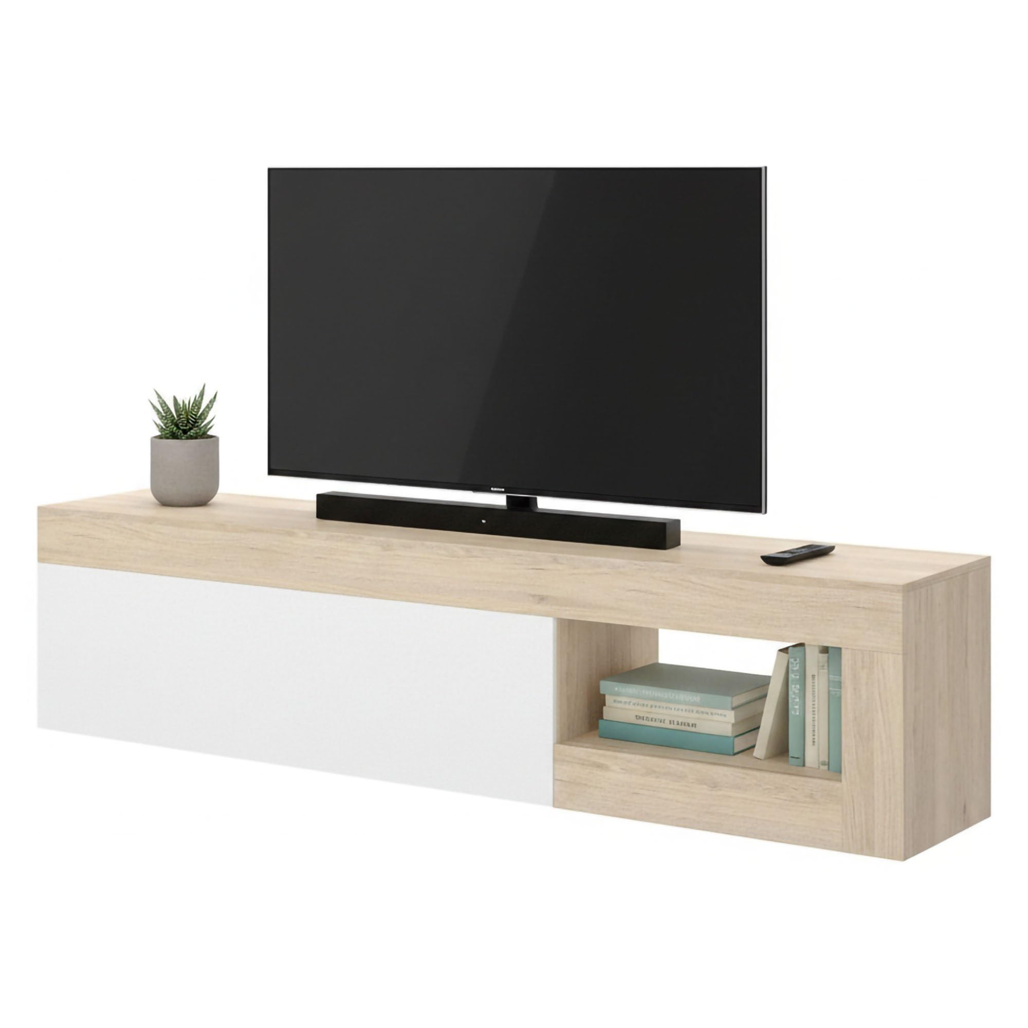 Dmora - Mobile porta TV Averau, Credenza bassa da soggiorno, Madia da salotto per televisione, 204x42h48 cm, Rovere e Bianco