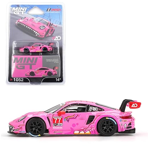 Modelo de carro fundido compatível com Porsche 911 GT3 R #77 AO Racing 2024 IMSA Road America (rosa) Edição Limitada Mini GT Escala 1:64 Embalagem Blister MGT01052