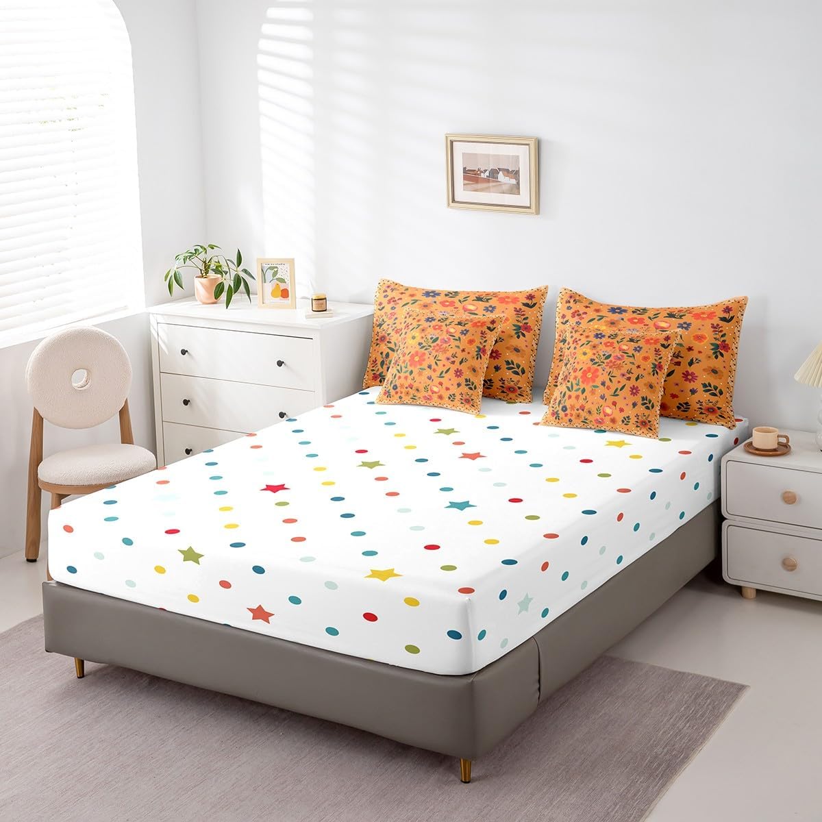 Boho Floral Comforter Set 7 Piece Bed in a Bag Twin,Rainbow Flowers Bedding Set Watercolor Botanical Sheet Set with Comforter,Garden Plant Leaves Bohemian Tree Branch Leaf Kawaii Bed Set,Orange