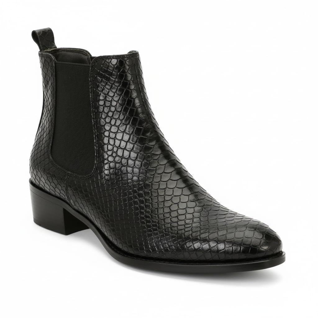 Men's Chelsea Boots | Black Croc Textured Leather | Cuban Heel | Italian Design | TPR Sole | Cushioned Insole
