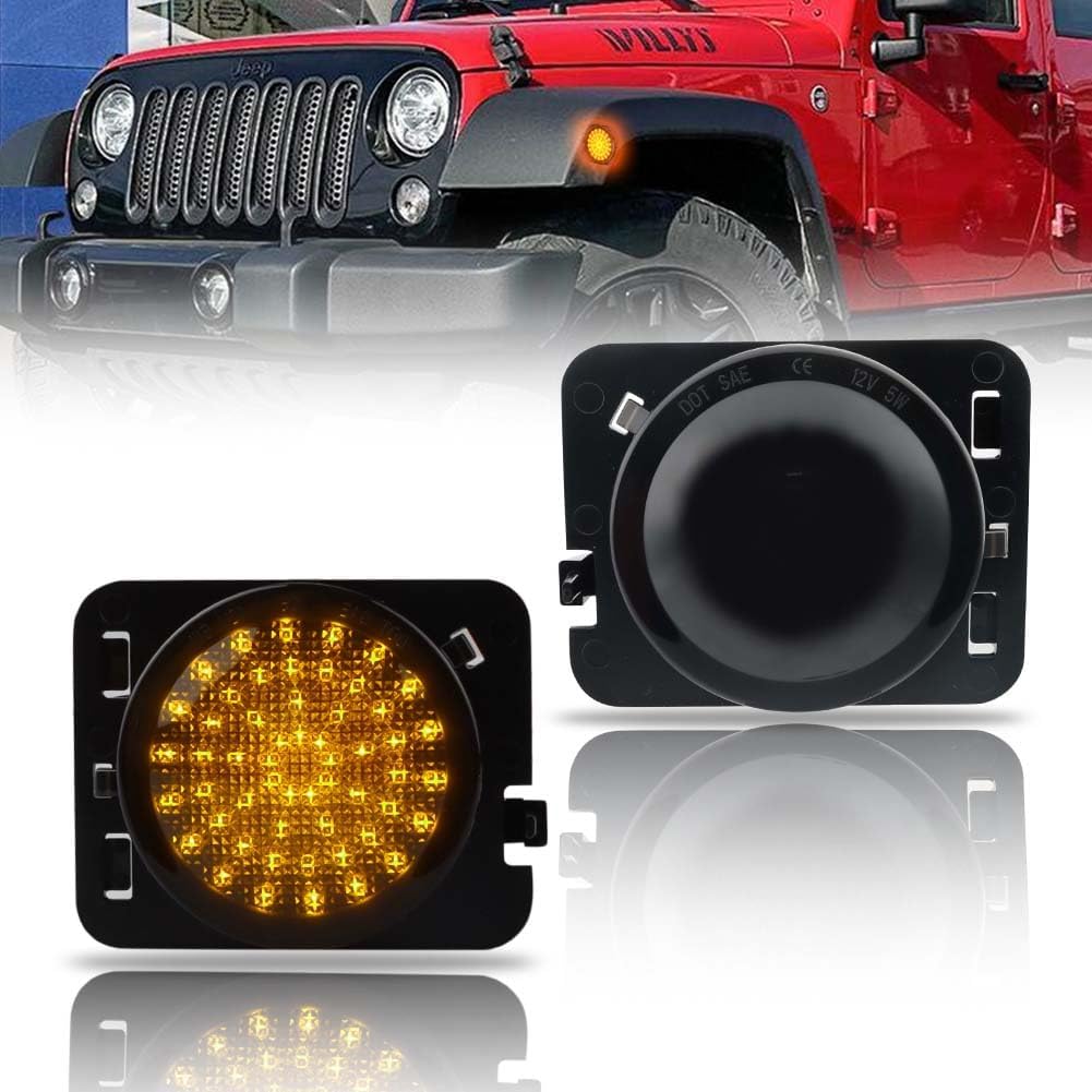 LED Turn Signal & Side Marker Lights for 2007-2019 Wrangler JK, [Upgraded] Smoked Lens Side Bumper Marker Lamps, JK Amber LED Side Markers Turn Signal Lights, 4 PCS