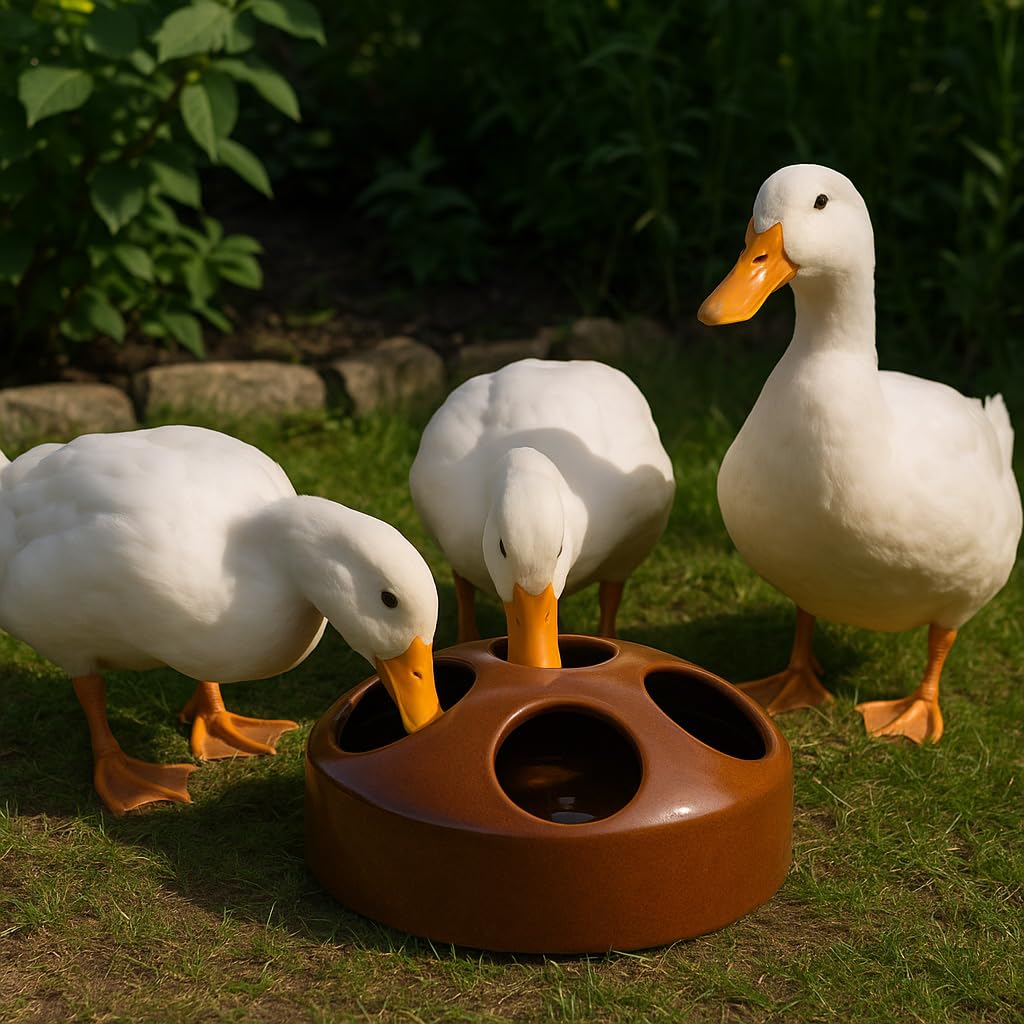 1,5 Liter Keramik Geflügeltränke mit 7 Öffnungen Hühnertränke Ententränke Futterschale Wasserschale Futterstation Wasserstation, 22x10 cm (braun, 1,5L)