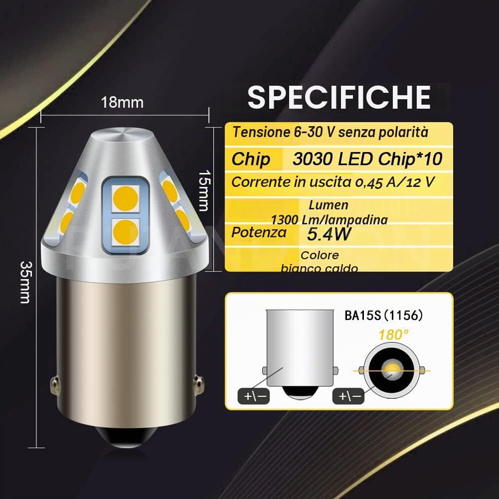 Ruiandsion - 2 lampadine LED 1156 bianco caldo 6-30V BA15S 7506, 6V 12V 24V, luci posteriori di riserva per auto, moto, senza polarità