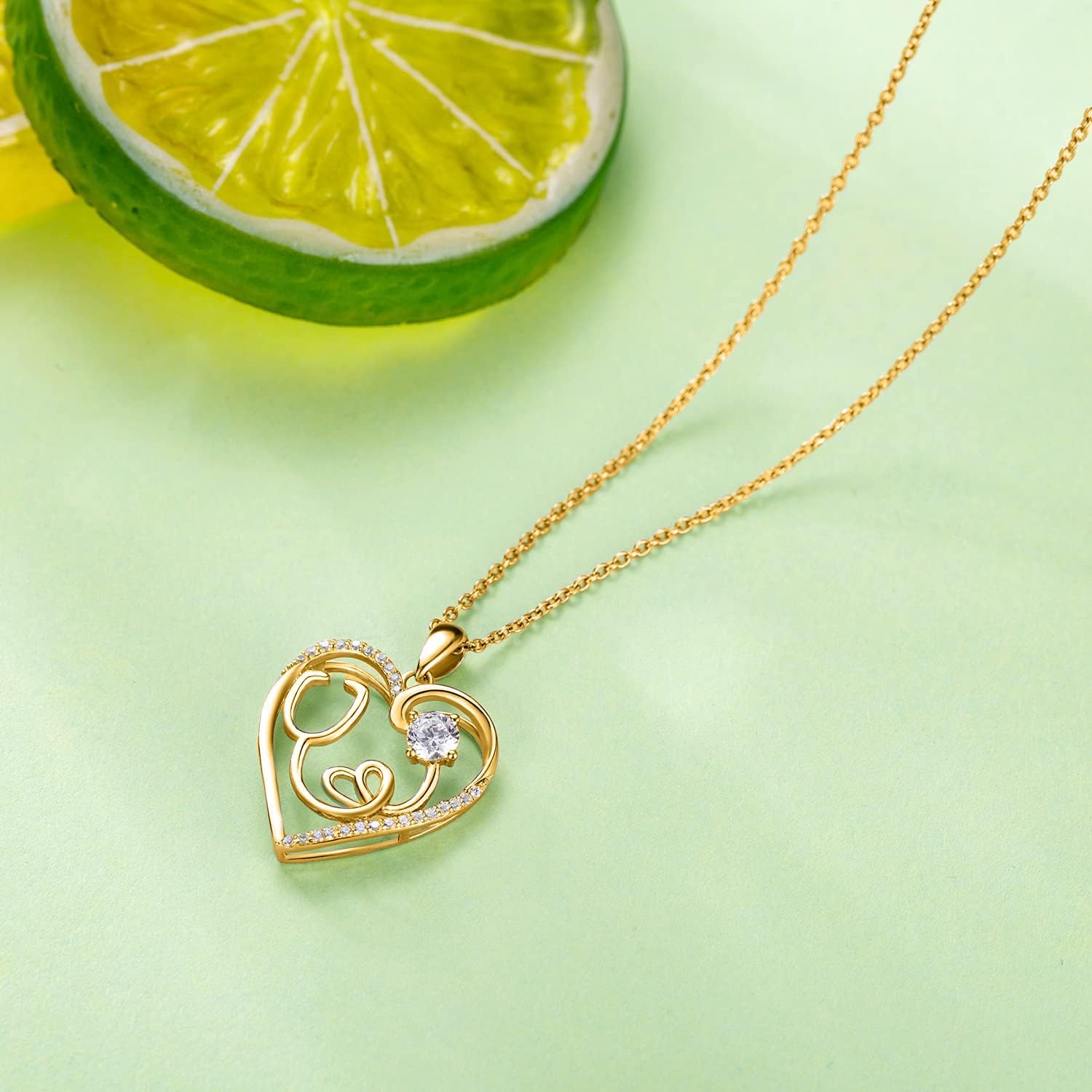 AmorAime 925 Sterling Silver Heart Necklace Nurse Birthstone Necklace 14K Gold Plated or Rose Gold Plated Stethoscope Necklaces for Doctor Medical RN for Festival or Holiday - Image 3