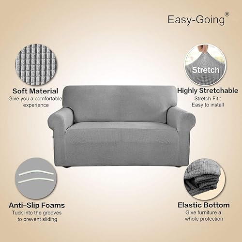 Vista 513 de Easy-Going - Funda elástica para sofá biplaza, 1 pieza, suave, con parte inferior elástica, protector para niños, tela jacquard de elastano y Gris